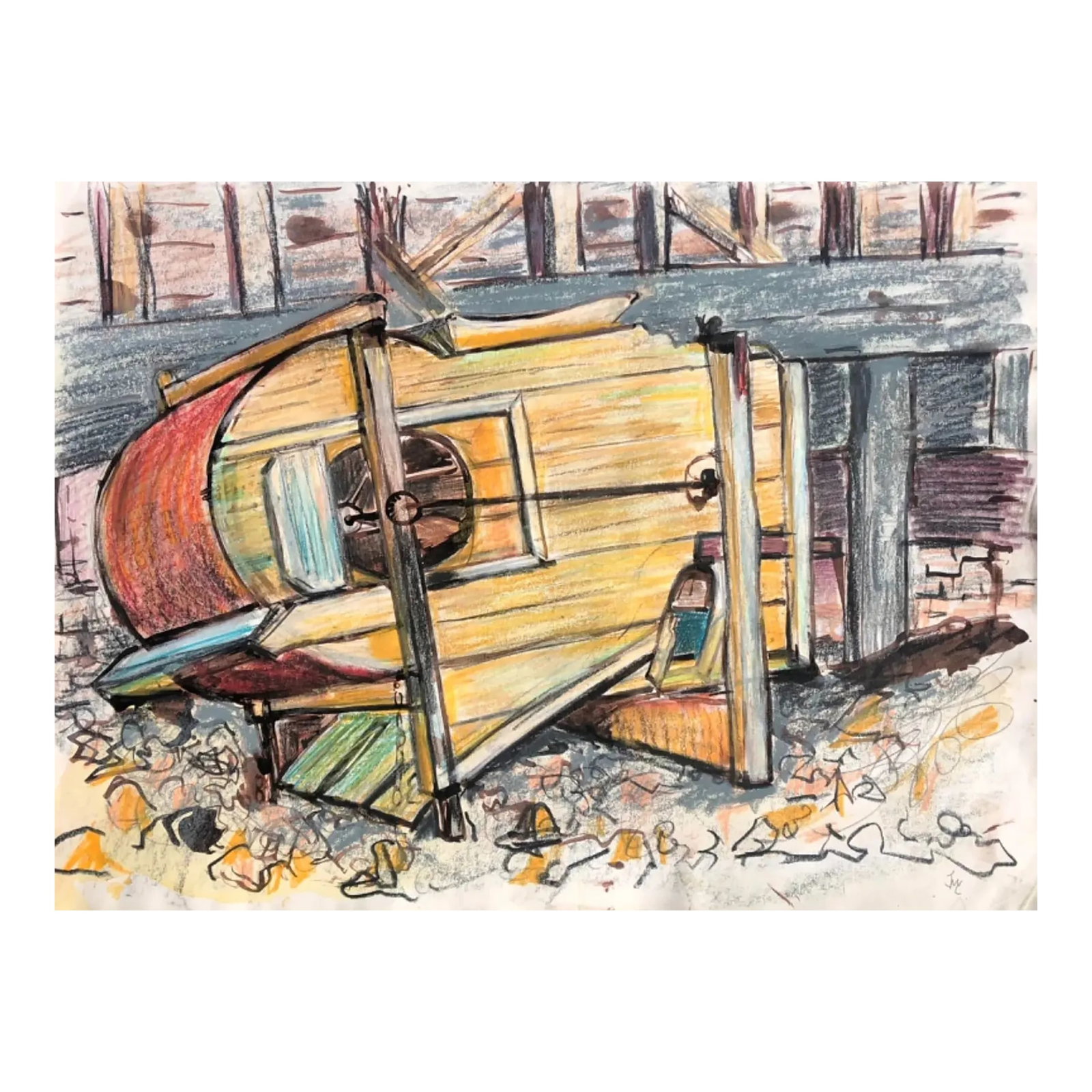 1990s Josie Capstick Industrial Oil Pastel: British artist Josie Capstick (1932-1998) industrial oil pastel on paper.. Signed lower right. Condition: Alterations: Original Condition Unaltered Imperfections: Some Imperfections Condition Notes: O