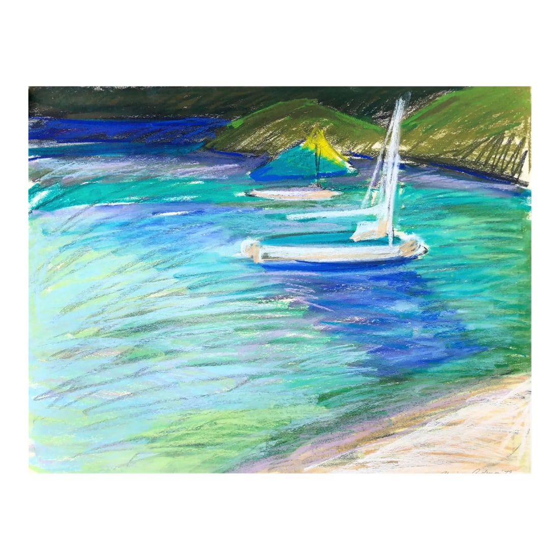 1979 Adrienne Anderson Little Dix Bay Pastel: Signed, Dated, and titled pastel ocean scene with sailboats, probably from the British Virgin Islands (based on similar works from the same sketchbook) by Atlanta artist Adrienne Anderson