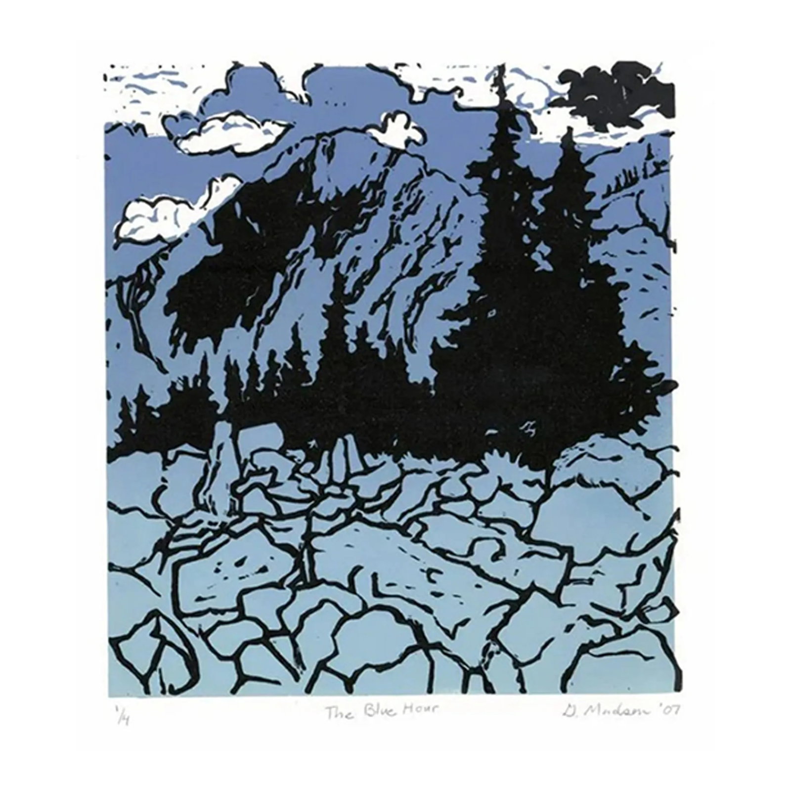 2007 Ginnie Madsen Blue Hour Mountain Relief Print: "The Blue Hour" mountain linocut by Laramie, Wyoming artist Ginnie Madsen. Pencil signed, titled and numbered 1 of 4. Condition: Alterations: Original Condition Unaltered Imperfections: Some Imperfect