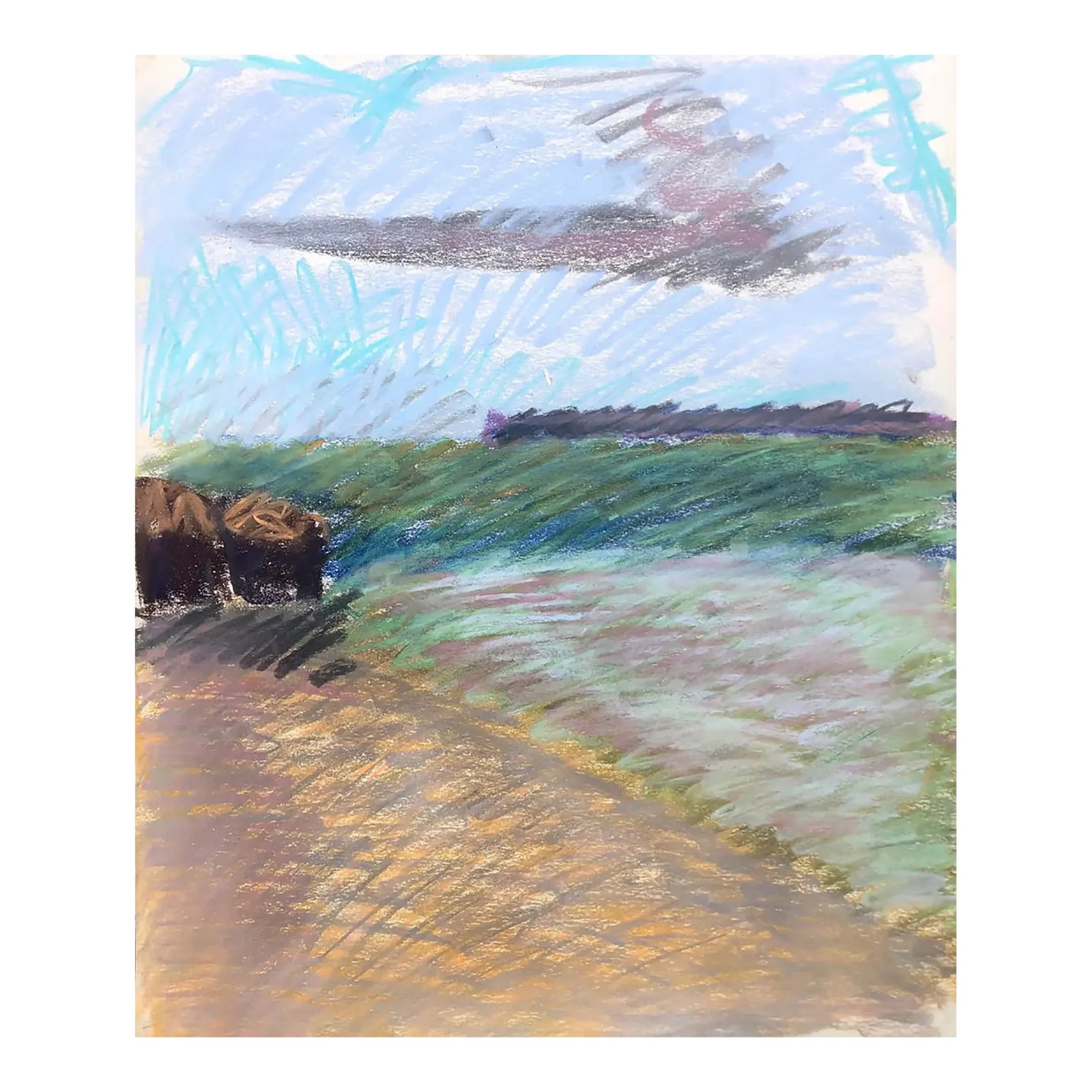 1970s Adrienne Anderson Virgin Islands Pastel: Pastel beach scene, probably from the British Virgin Islands (based on similar works from the same sketchbook) by Atlanta artist Adrienne Anderson (1949-2020). Anderson earned her MFA from University 
