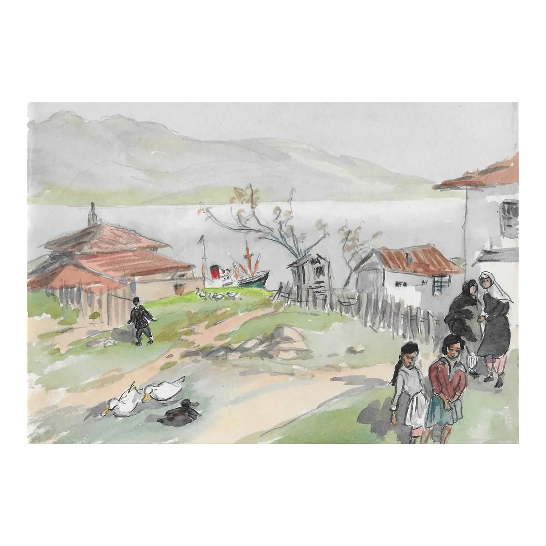 1950s Ivy Attwell Coastal Turkey Watercolor Painting: Painting by English artist Ivy Attwell (1895-1985). Attwell traveled extensively all over the world and recorded her travels from the 1950s until about 1980. Village of Panderma (now Banirma) Turkey ,