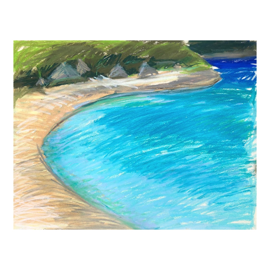 1979 Adrienne Anderson Caribbean Beach Pastel: Signed, titled and dated pastel beach scene from Little Dix Bay in the British Virgin Islands by Atlanta artist Adrienne Anderson (1949-2020). Anderson earned her MFA from University of Georgia and