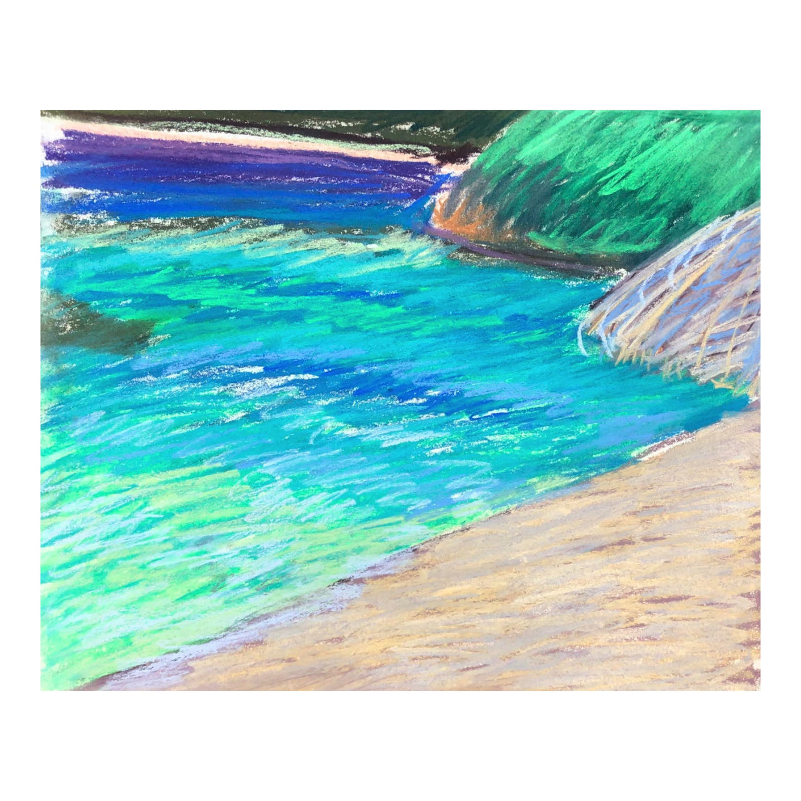 1970s Adrienne Anderson Virgin Islands Pastel: Beach scene, probably from the British Virgin Islands (based on similar works from the same sketchbook) by Atlanta artist Adrienne Anderson (1949-2020). Anderson earned her MFA from University of