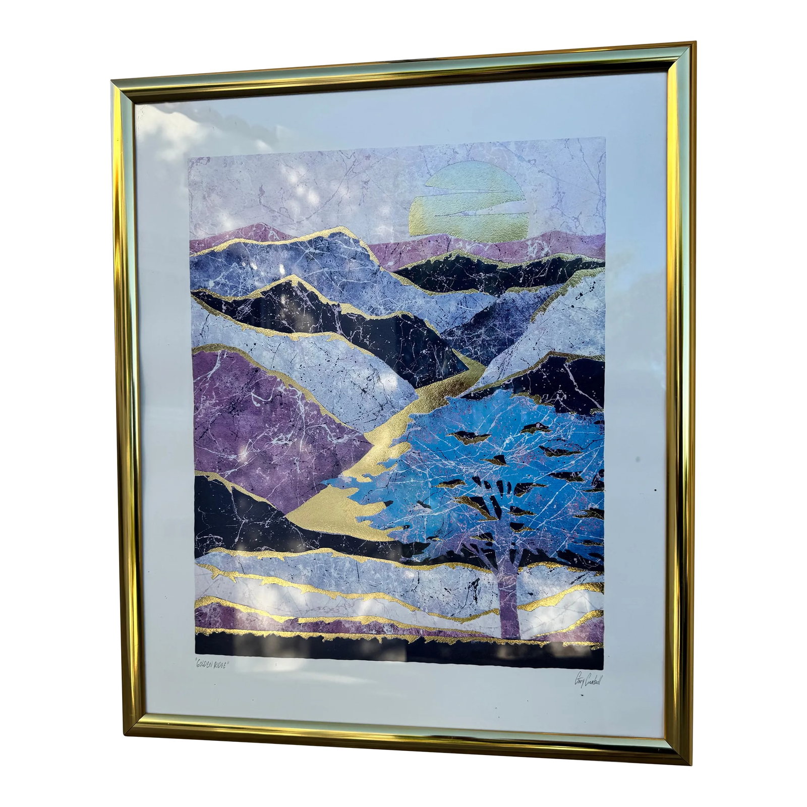 Purple Valley Mid-Century Figurative Landscape: "Golden Ridge," depicts a stylized landscape with a purple mountainous scene. The overall style suggests a combination of abstract and nature-inspired themes. The textures gives it a marbled, almost