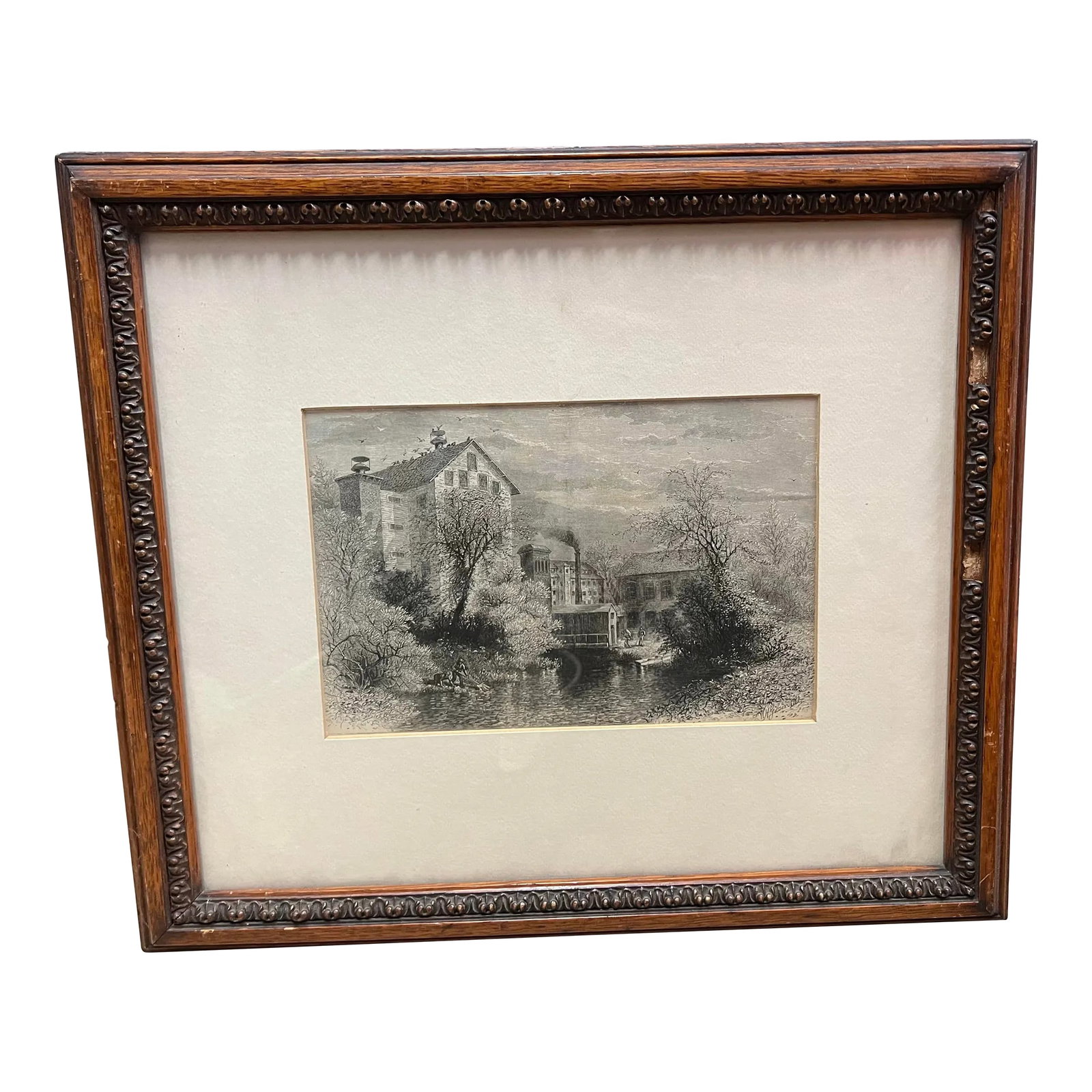 19th Century Blackstone River Print Framed & Matted: Late 19th-century original print of Blackstone River, flowing in the states of Massachusetts and Rhode Island, USA. The Wood frame is 14.25" x 16.25" with thick white matting .The picture itself is 8 