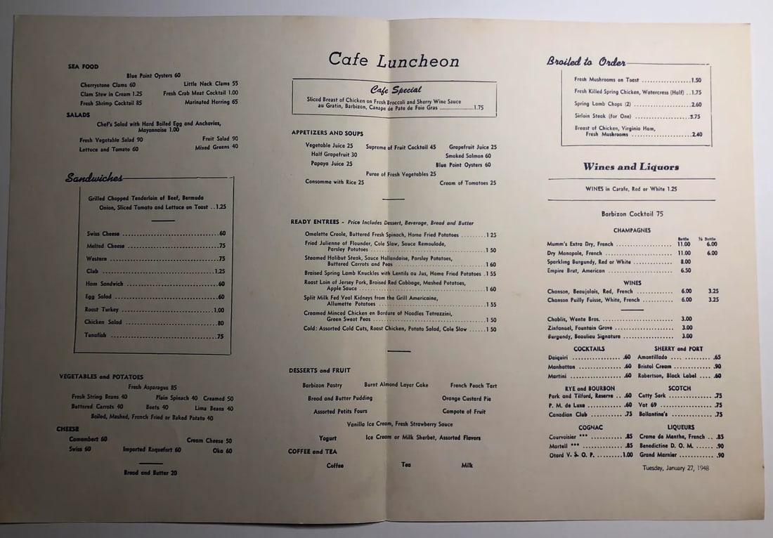 1948 Barbizon Plaza Hotel Restaurant Menu New York City - 2