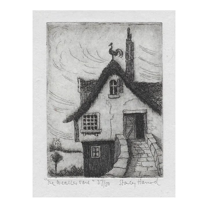 Stanley Harrod Weather Vane Etching: 1920s Stanley Harrod (1881-1954) "The Weather Vane" pencil signed etching on paper. Harrod was born in Leeds, England and spent the majority of his career in Canada. During his career, he specialized