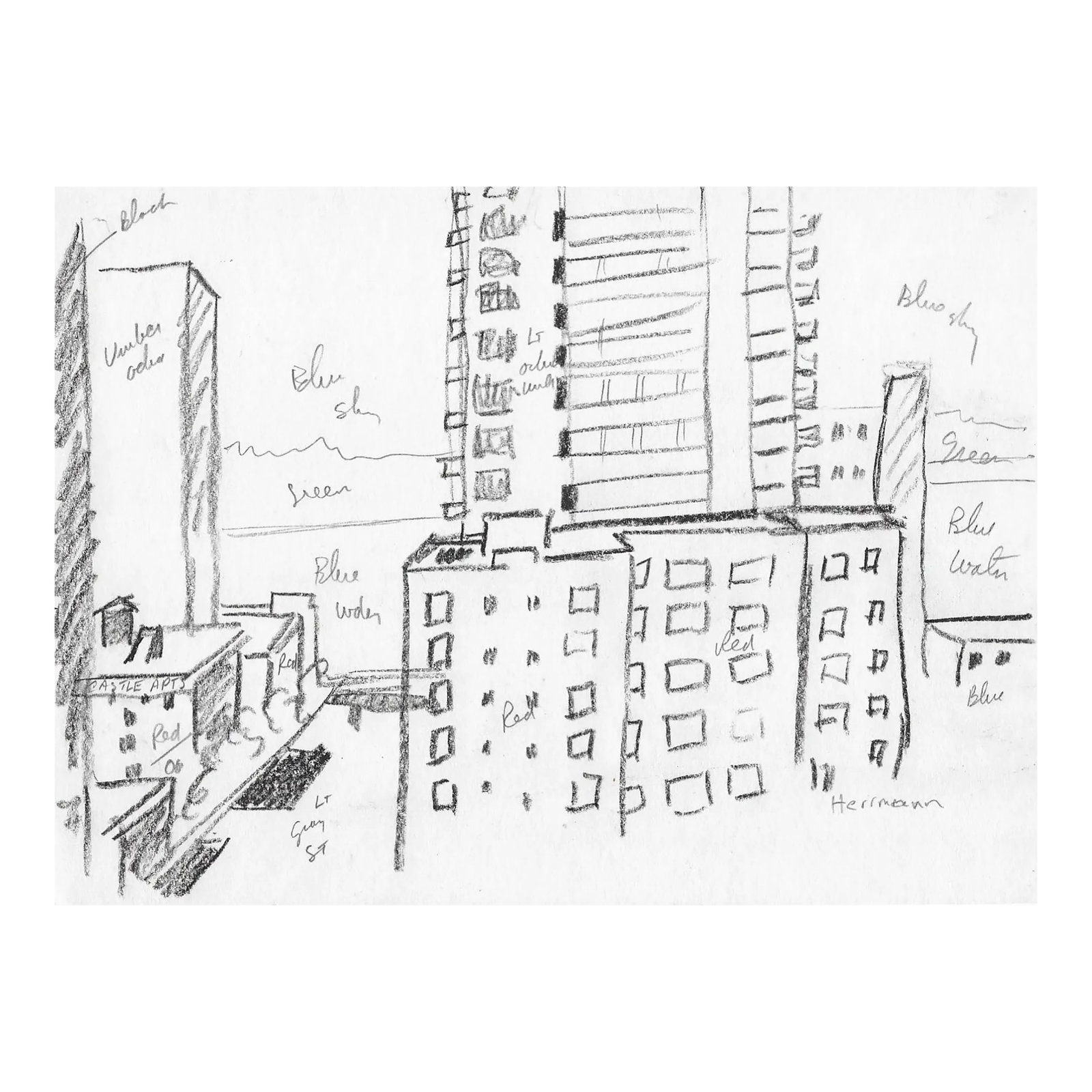 1980s Robert Herrmann Belltown Seattle Cityscape: Robert Herrmann (1922-1996). View of Belltown section of Seattle looking down Blanchard toward Puget Sound. Castle apartments are on the left you can still see the sign from 3rd and Blanchard.