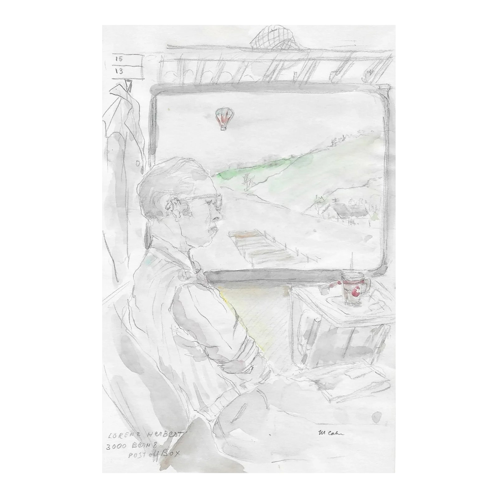 1980s Myriam Cahn Man on Train: Watercolor of a man on a European train by New York artist Myriam Cahn (1933-2018). Salmagundi Club named an award after her in 2019. Signed lower right. Combined shipping available, please inquire.