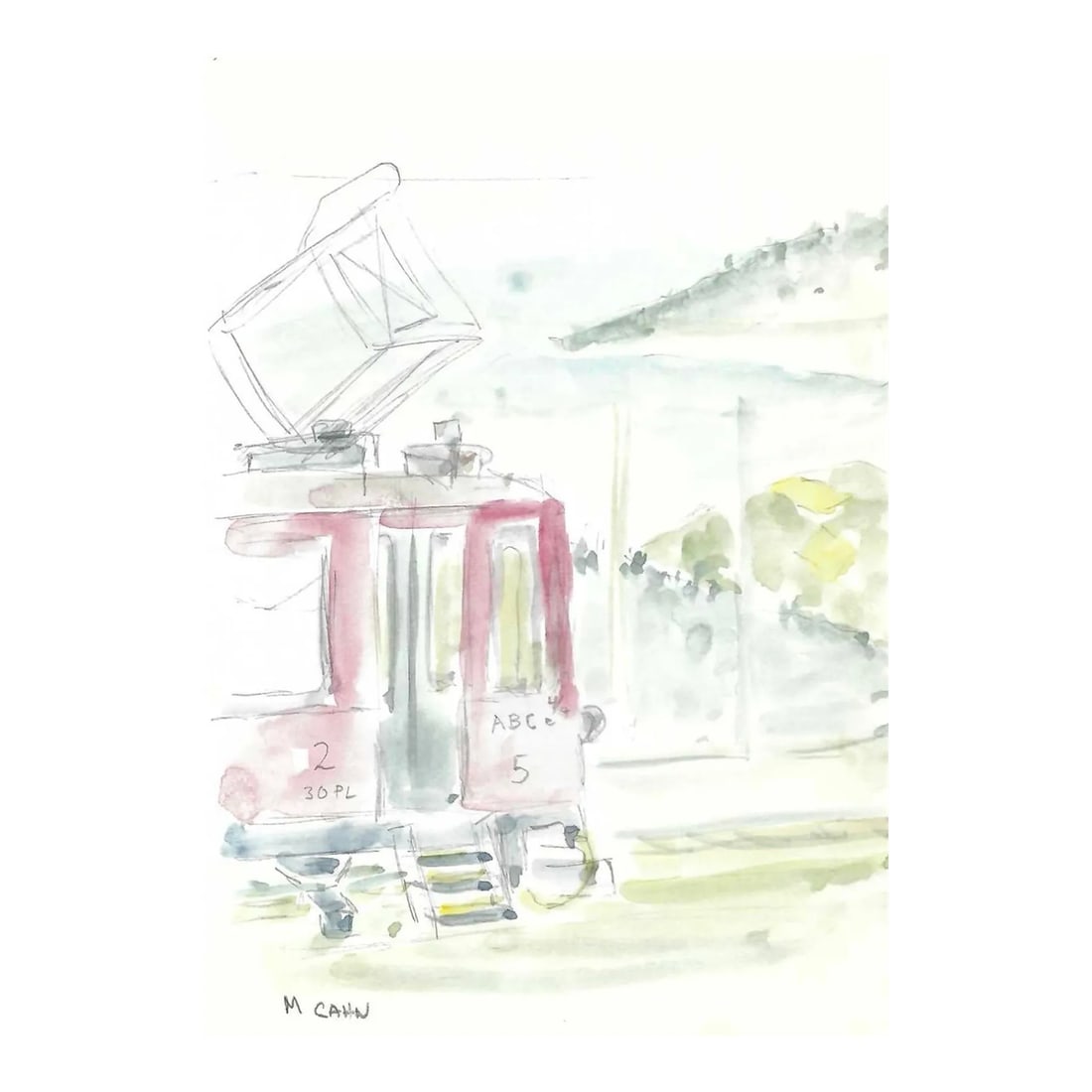 1980s Myriam Cahn European Train Watecolor: Watercolor by New York artist Myriam Cahn (1933-2018) of a train, probably in Switzerland. Salmagundi Club named an award after her in 2019. Signed lower left. Condition: Alterations: Original Conditi