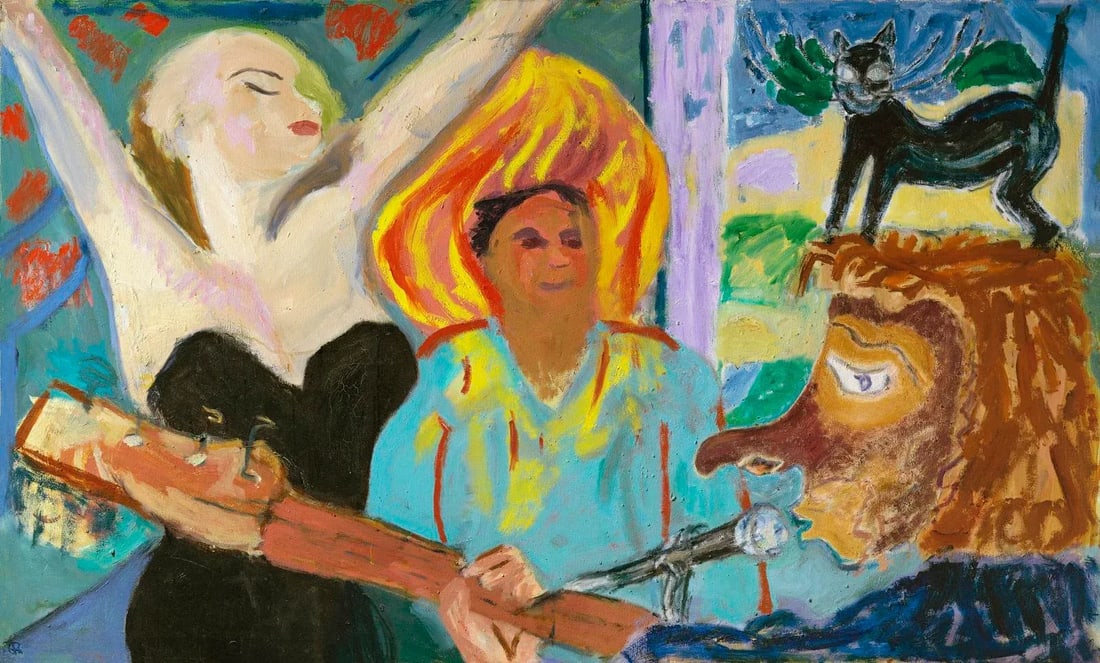 "The Musician, the Big Easy" Painting by Regina Gately: Rust, Blue, Black, black cat, guitar, This painting is about a musician who is singing and playing guitar to the crowd. The woman in the crowd was inspired by the actress Anita Ekberg's character in L