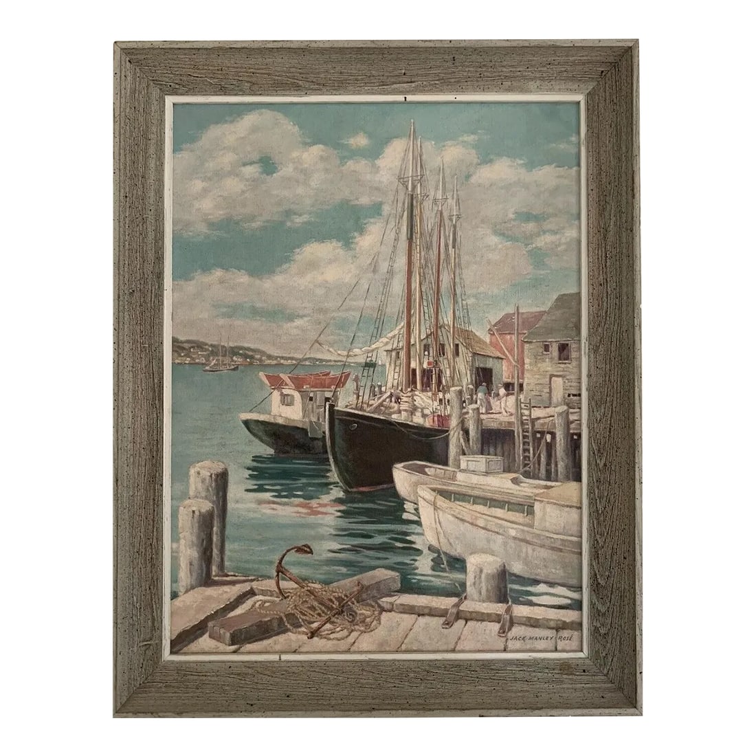 Early 20th Century Painting - Jack Manley Rose: Early 20th Century painting by American artist Jack Manley Rose. A harbor scene that could be New England or any seascape shoreline. Condition: Alterations: Original Condition Unaltered