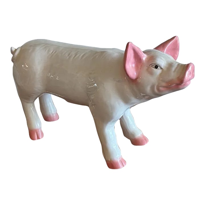Mid-Century Vintage French Butcher Style Pig Crackle Design Ceramic Sculpture After Townsend: Crafted, circa mid century the very large pig figure is colorful, expressive, detailed, and realistic in shape and texture. The picturesque farm animal is in excellent condition with rich colors in a