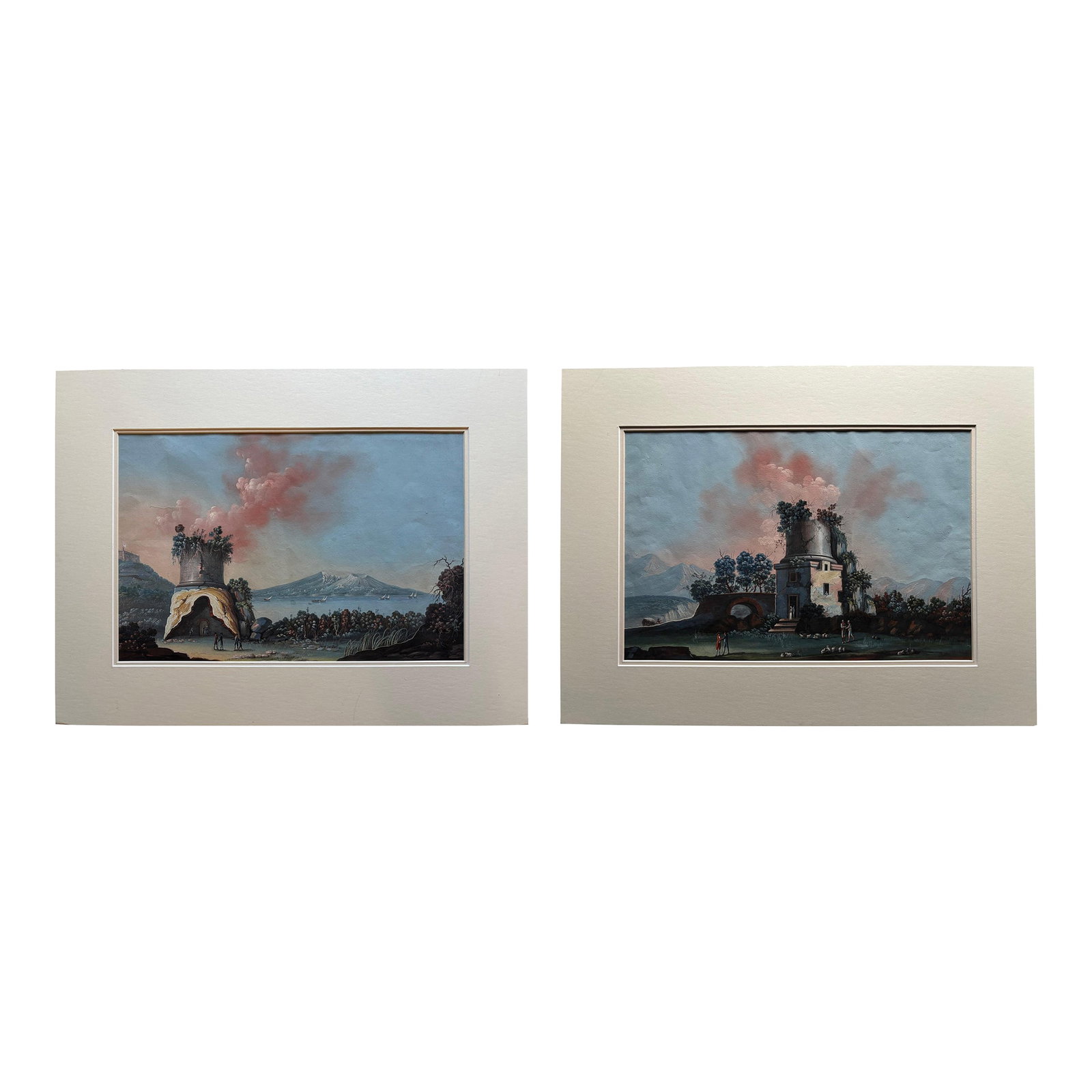 Pair 18th or 19th Century Italian Grand Tour Gouaches Of Vesuvius, Bay of Naples: Pair of 18th or 19th century Neapolitan gouaches of Virgil's Tomb, one with a view of Mount Vesuvius and the Bay of Naples. This is a wonderful high quality pair of a rare subject. At first I thought 