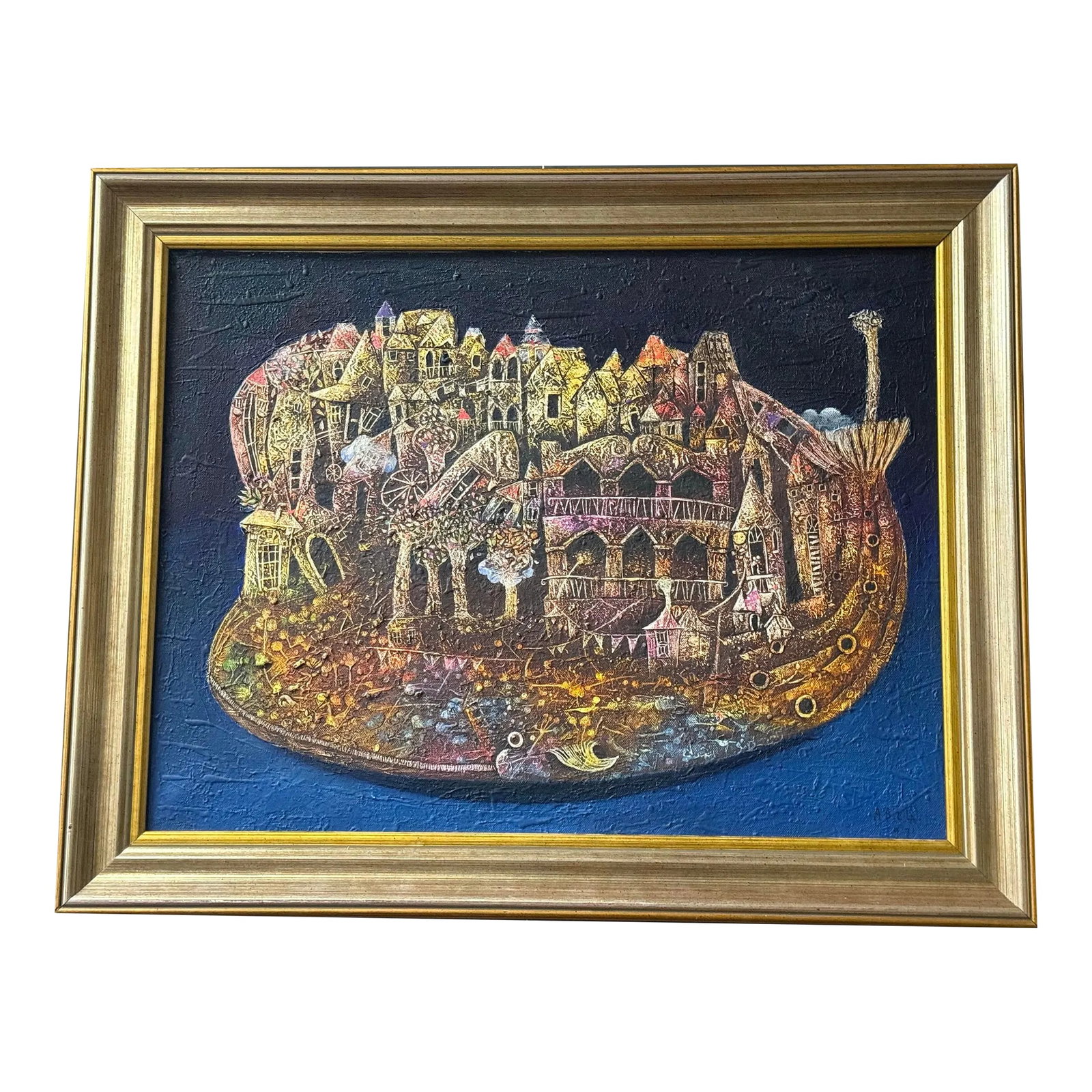 Eduardo Miguel Abela Torras Oil on Canvas Va Llena, 1997: This painting appears to be in a fantastical surrealism or whimsical fantasy style. The artwork features an imaginative, dreamlike cityscape with intricate architectural details, organic forms, and a
