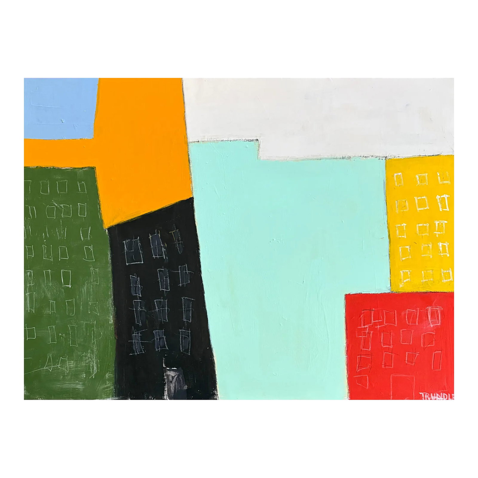 Sarah Trundle, Contemporary Abstract Cityscape Painting, "On the Block, No. 2": Acrylic on canvas, 48 x 36 x 1.5. Edges painted white, back wired, ready to hang. Condition: Imperfections: No Imperfections Origin: United States Creator: Artist: Sarah Trundle Materials &