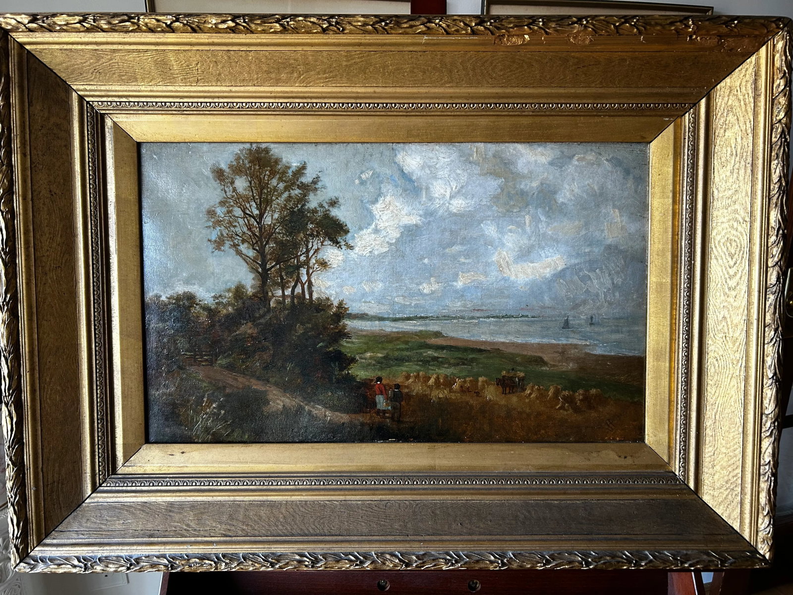 Late 19th Century James Peel Antique Oil Painting, English Harvest Scene Coastal Landscape - 12
