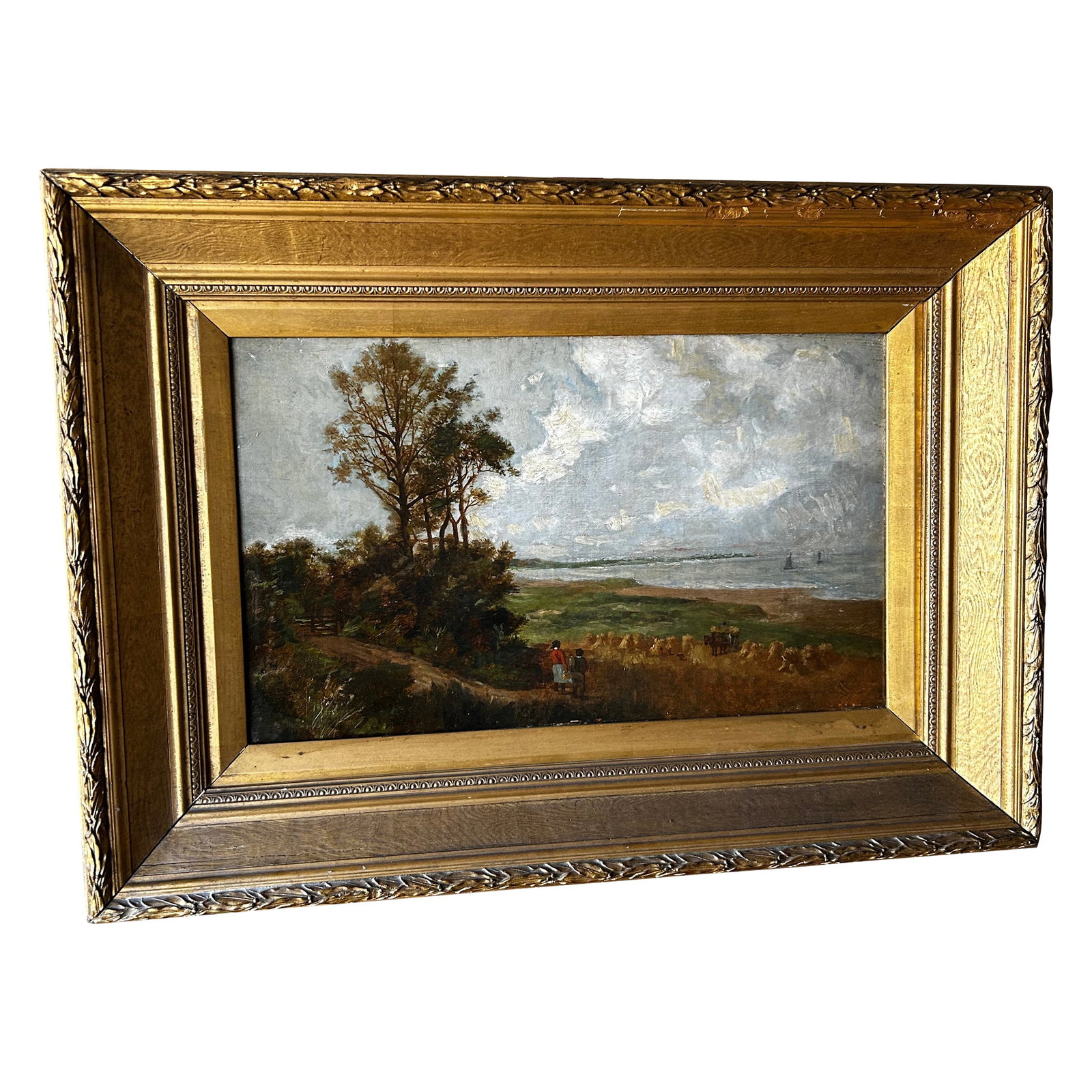Late 19th Century James Peel Antique Oil Painting, English Harvest Scene Coastal Landscape: 19th century oil on canvas, inscribed verso, original gilt frame A work of true refinement, this gentle, warm piece by James Peel (England 1811-1906) depicts a tranquil seaside as the setting for