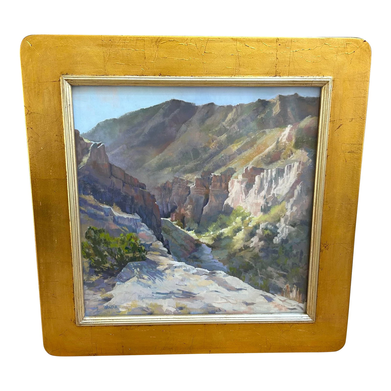 "First Light" by Santa Fe Artist Elizabeth Sandia Pastel on Paper Artwork: Gorgeous pastel on paper artwork signed "Sandia" lower left, c. 1998. Also signed, dated 1998, and titled on the reverse. Stunning water gilded frame. Elizabeth Sandia (b.1946) is originally from New