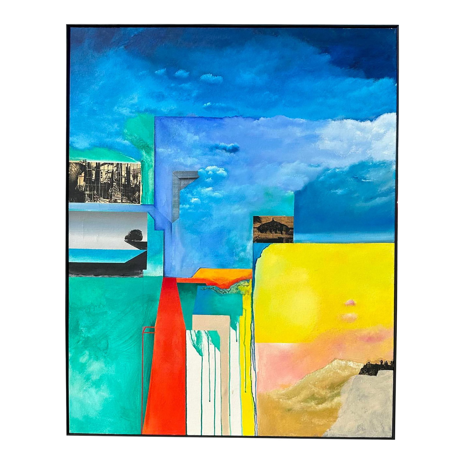 Abstract Mixed Media Painting and Collage on Canvas by Anthony Louis Popcheff: A mixed media painting and collage on canvas by the American artist Anthony Louis Popcheff (1954-2003). This vibrant abstract work depicts a segmented landscape with rectangular areas of sky, hills,