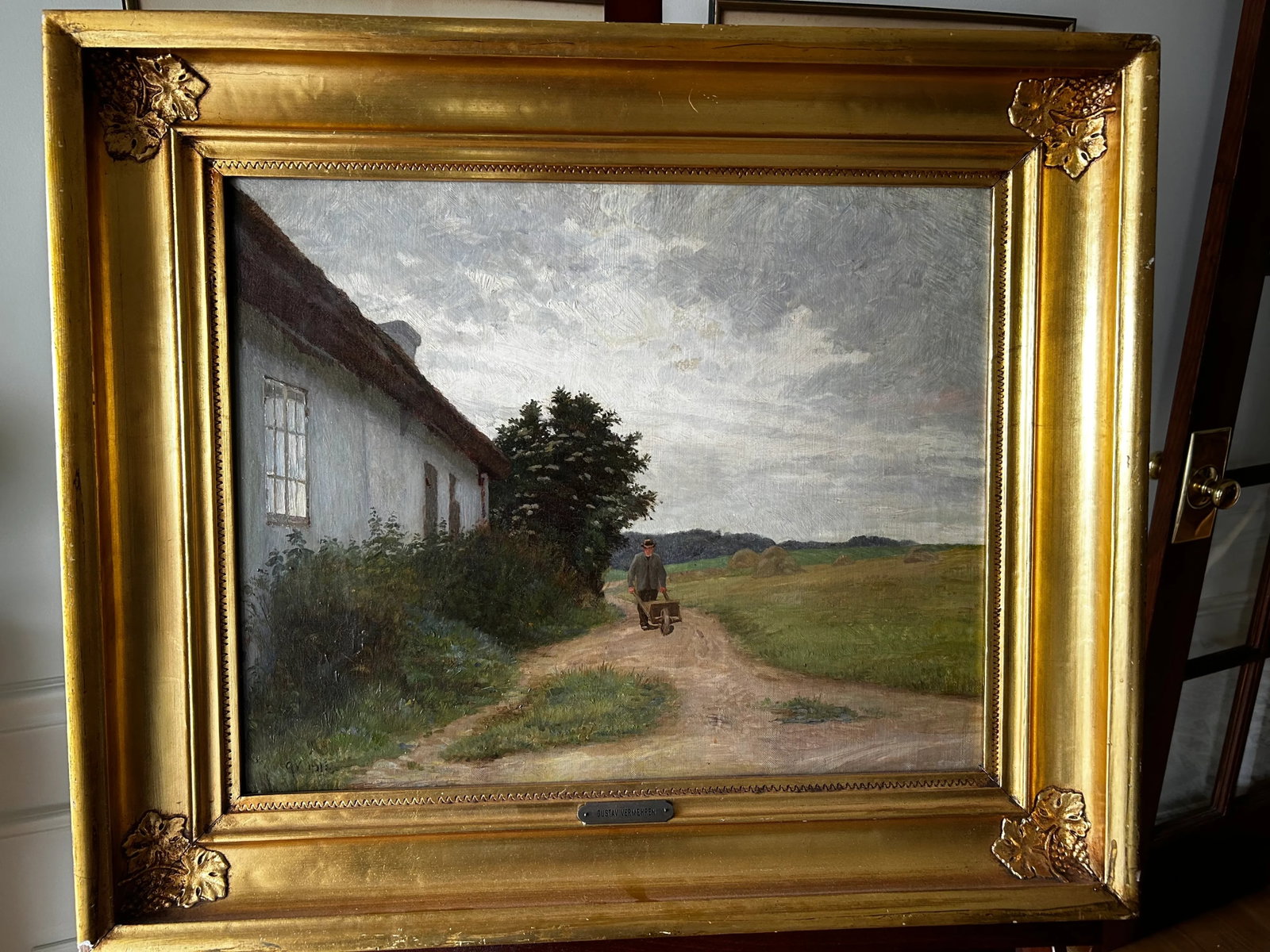 Antique Original Oil Painting by Gustav Vermehren, Cottage at Dusk, Realism - 2