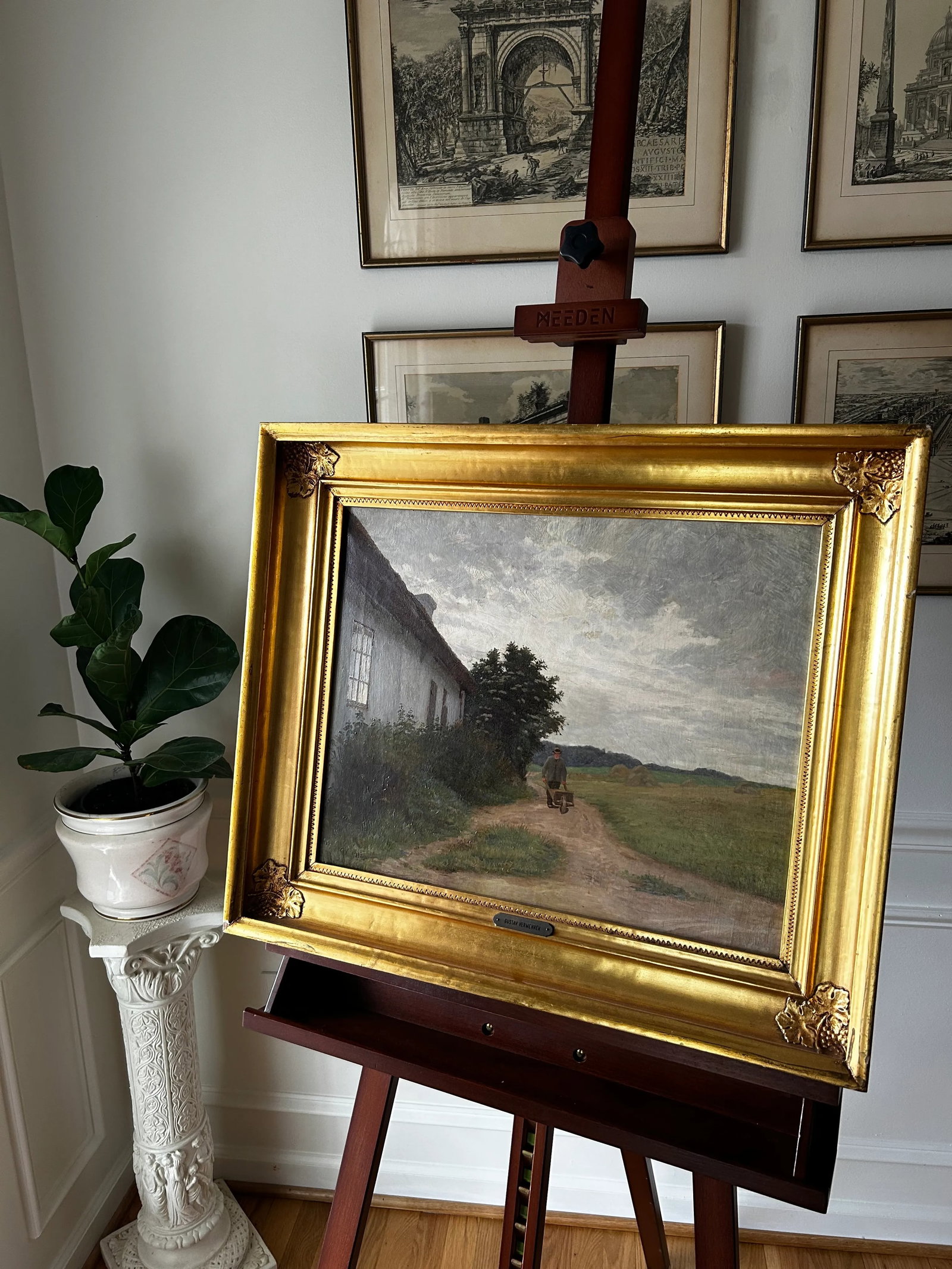 Antique Original Oil Painting by Gustav Vermehren, Cottage at Dusk, Realism - 8