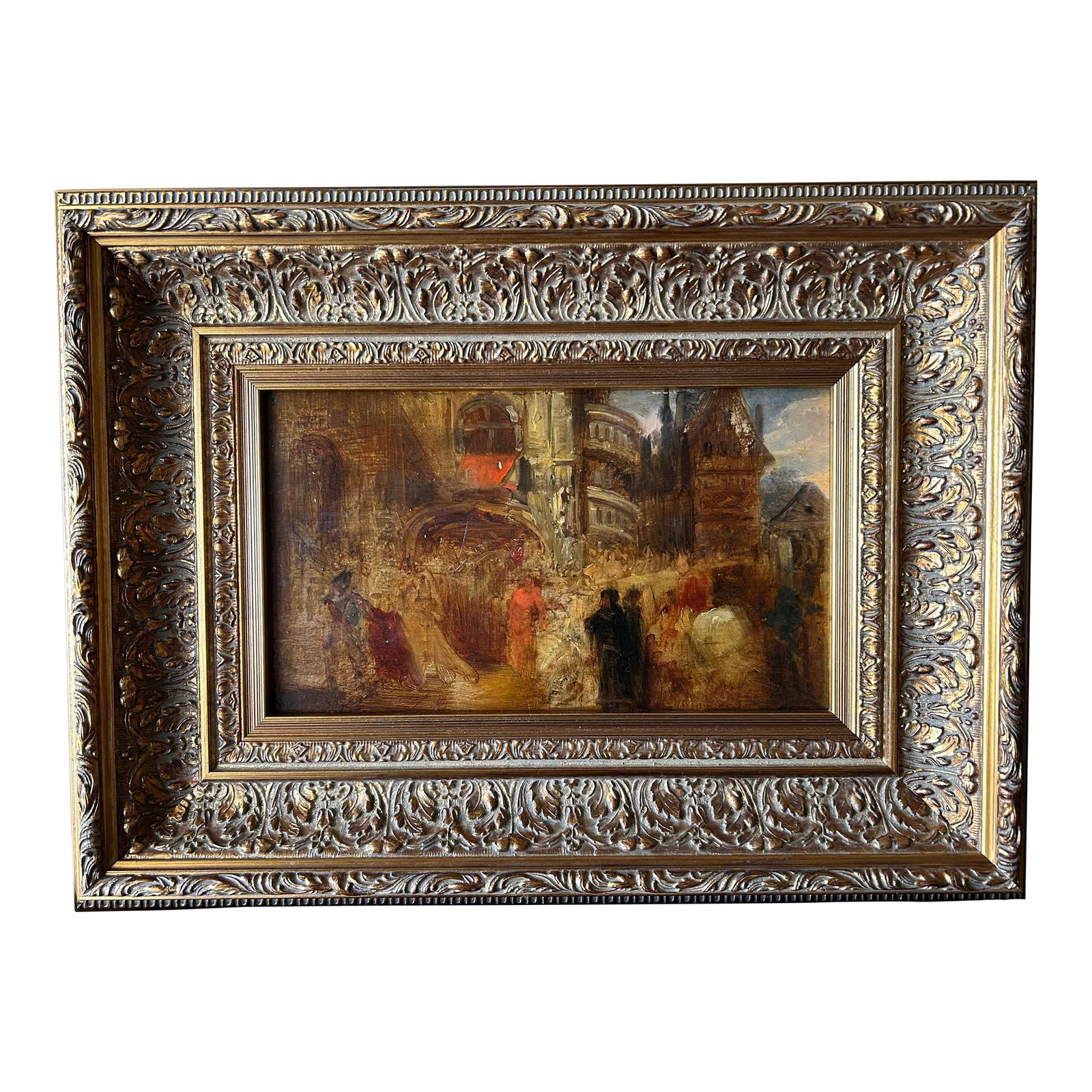 Antique 19th. Century Oil Painting, Follower of Richard Parkes Bonington, Good Friday Procession, Im: Oil on board, displayed in a wonderful new ornate frame. Unsigned and we believe unfinished. Several reputable English auction stamps verso, including Christie's. At one point the painting was