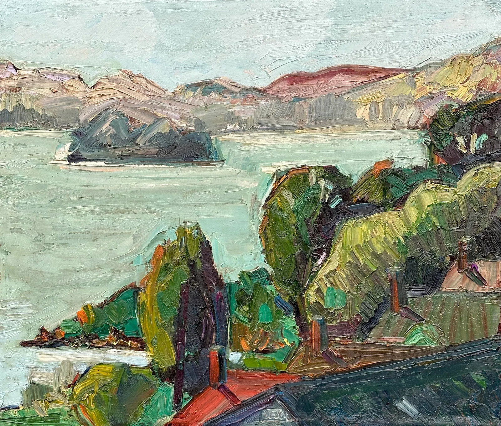 Landscape Original Expressionist Oil on Canvas Bay Area Ca Hartman: This California plein air painting measures 25"x29. It was painted at Winehaven overlooking San Francisco Bay. The paint is liberally applied creating a rich texture. The canvas will be rolled for saf