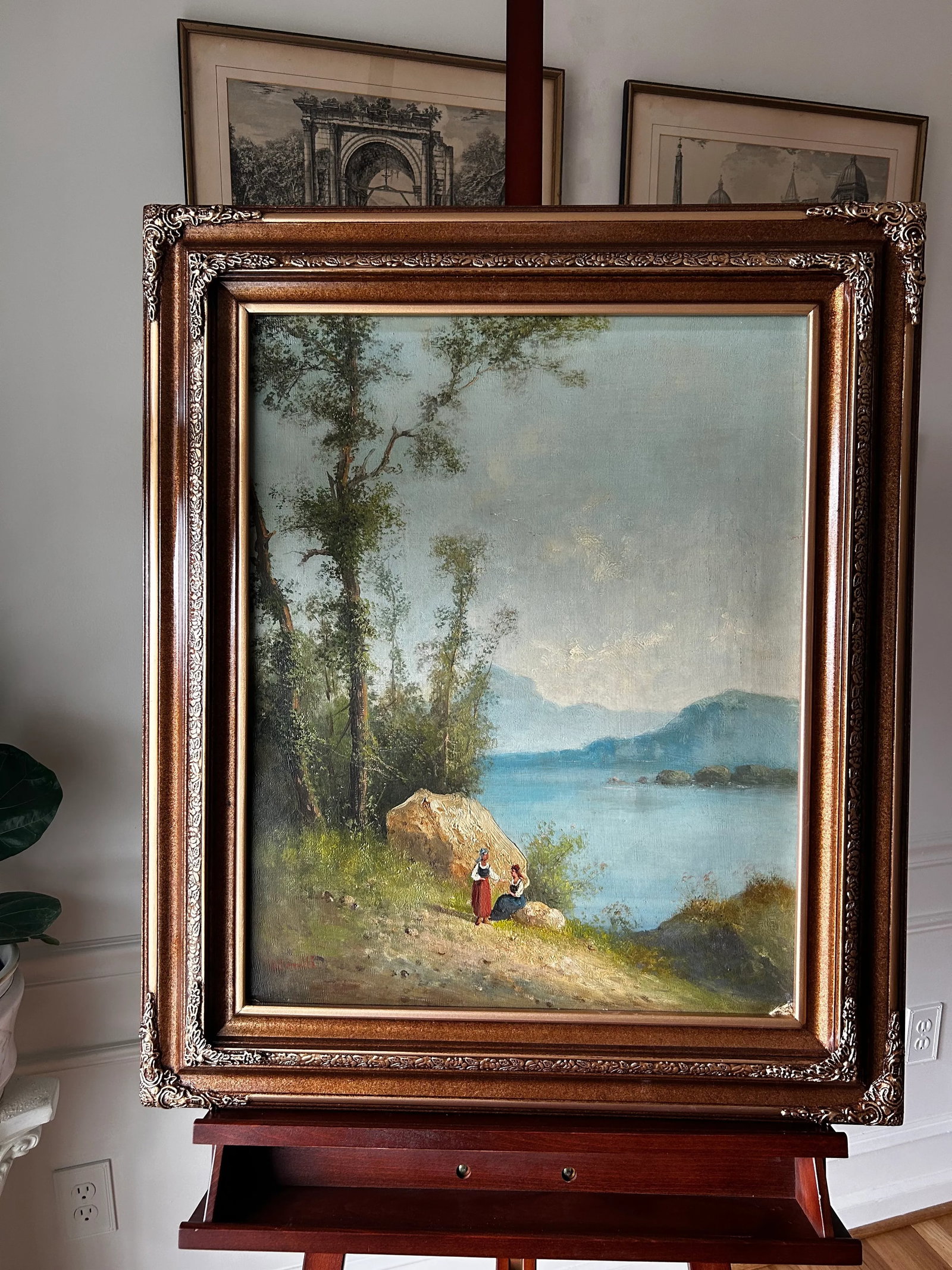 Antique Original Oil Painting, Giuseppe Carelli, Attr. Italian Lakescape, Romanticism - 10