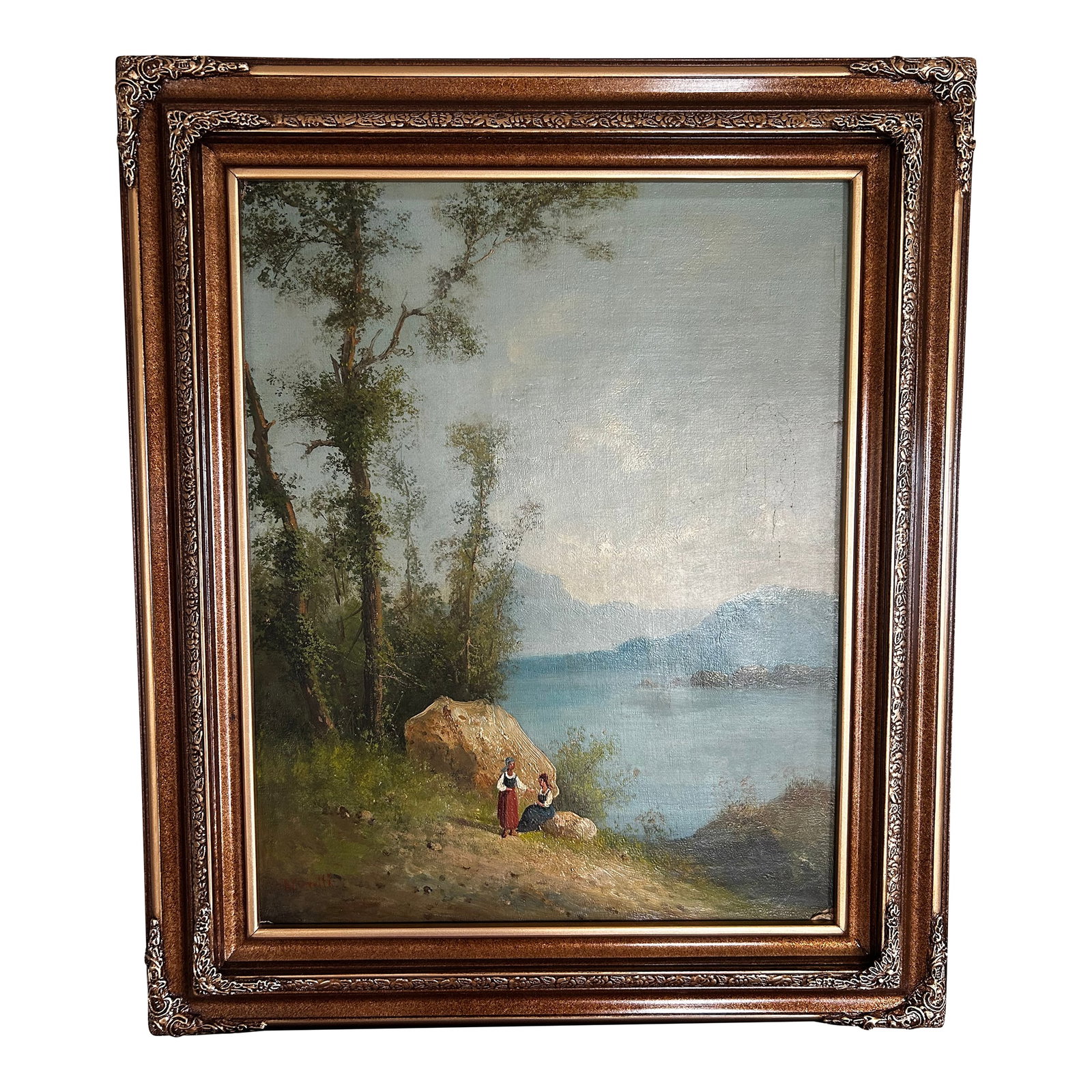 Antique Original Oil Painting, Giuseppe Carelli, Attr. Italian Lakescape, Romanticism: Relined canvas with new frame Beautiful and delicately executed, this late 19th century painting is a peaceful scene which evokes nostalgia for a vanishing place and time. The peasant in harmony with