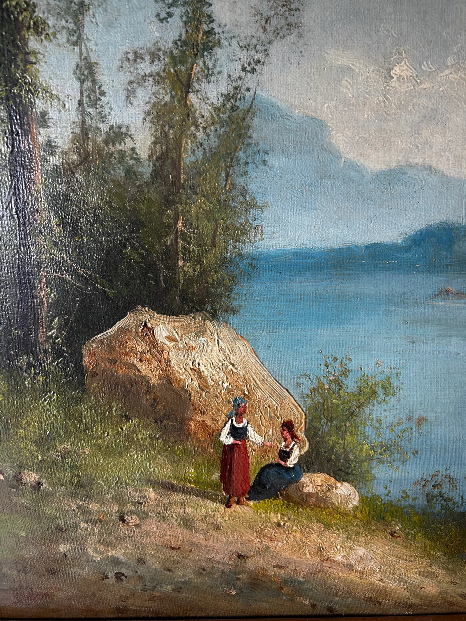 Antique Original Oil Painting, Giuseppe Carelli, Attr. Italian Lakescape, Romanticism - 8