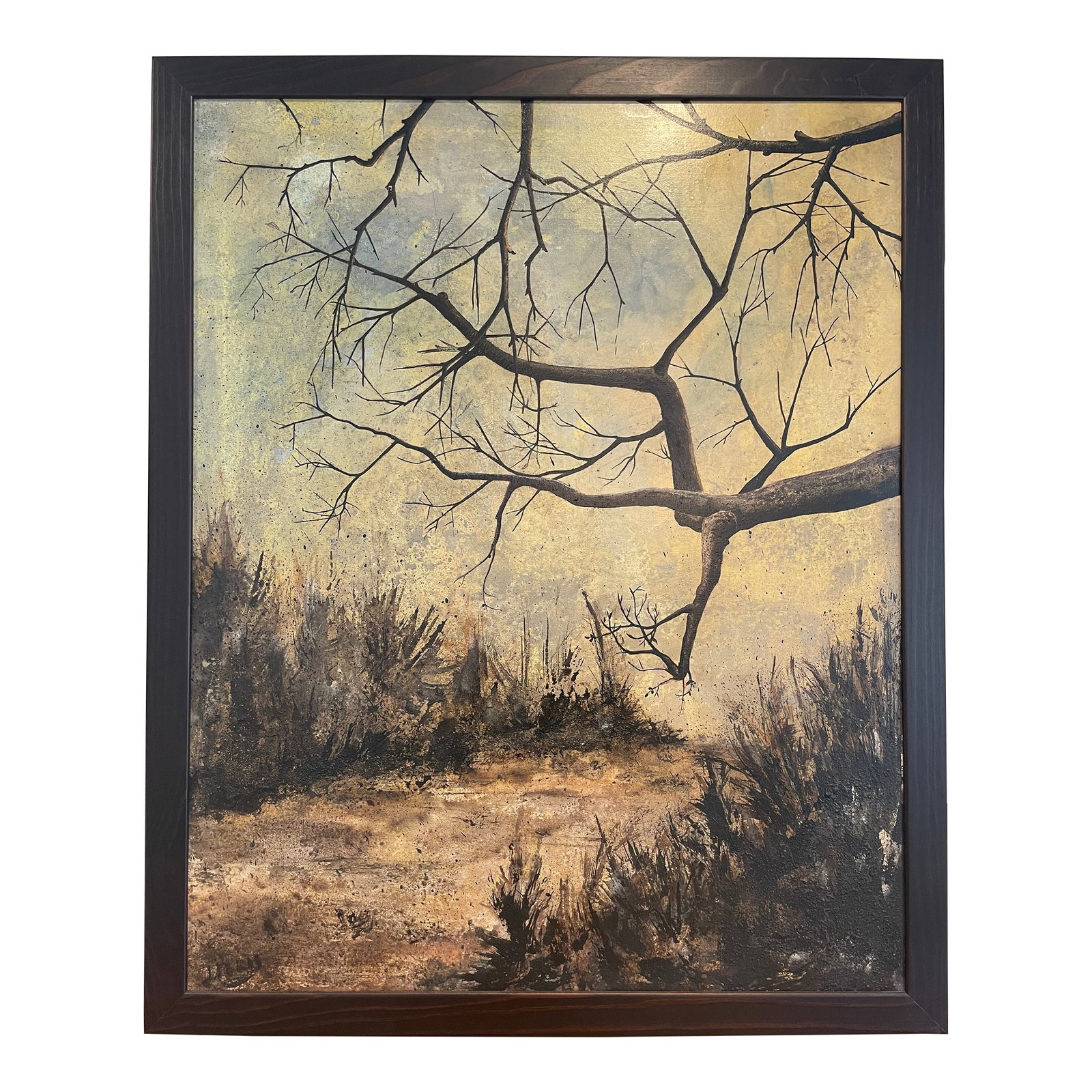 Framed Joan Peris Mixed Media Painting "Arbol Camino": Part of a set by the same artist, this beautiful arboreal landscape by contemporary Spanis artist Joan Peris will add a touch of sophisticated moodiness to your living space. "Arbol Camino" is mixed m