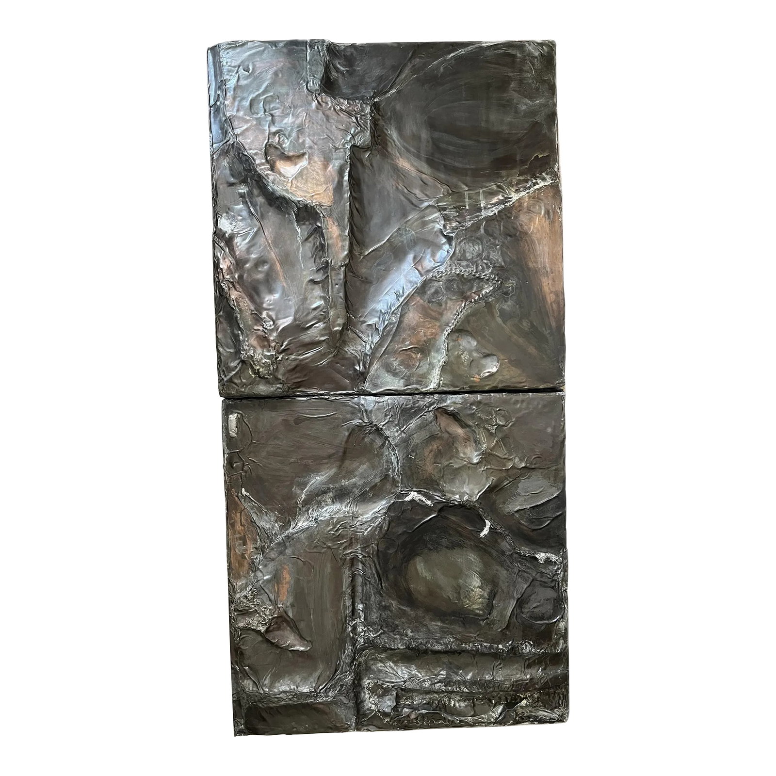 Diptych, Lead-Wrapped Mixed Media With Acid and Acrylic Surface Treatment, 1989, Catherine Jones: Entitled Skalafellsjokull, 1989, this sculptural diptych 76"x38"x3" (38"x38"x3" each) reflects the stark Icelandic landscape of glacier tongues and lava fields, while the content abstracts the deep sp