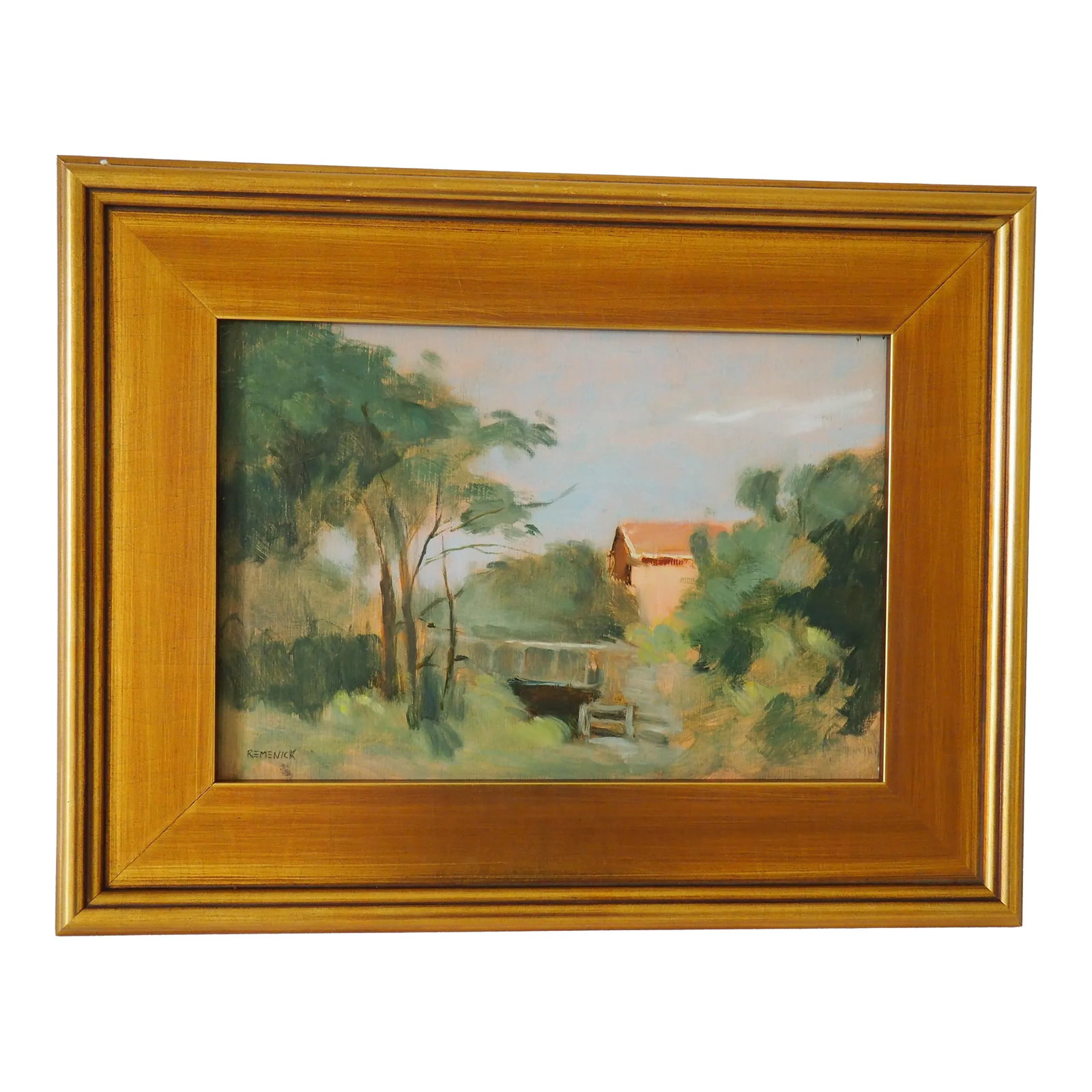 Mid 20th Century Seymour Remenick Framed Landscape, Oil on Board: A beautiful oil on board landscape painting by American artist Seymour Remenick (1923-1999). Overall size, including frame: 18.25W x 14.25H x 1D Inside dimensions: 12.25W x 8.5H Seymour Remenick was