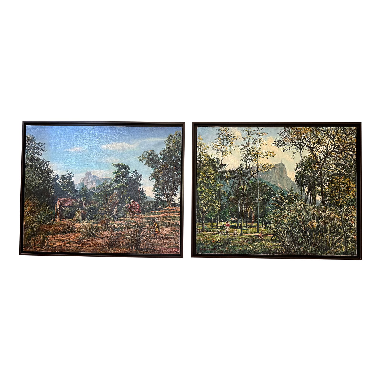 Pair 1960s Mid-Century Rio De Janeiro Landscapes (2) by Willem v. Dyk, Framed: Offered are a pair of landscapes of sites in Rio de Janeiro which include the famous view of Christ the Redeemer atop Mt. Corcavado and the other painting of San Conrado Park in Rio. The paintings