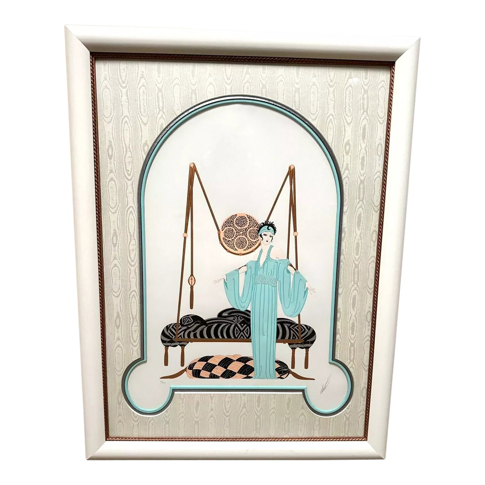 1985 Erte Pillow Swing Limited Edition Lithograph 28/300: Vintage Erte or Romain de Tirtoff (1892-1990) "Pillow Swing" 1985 Signed Limited Edition Framed Lithograph 28/300 Condition: Alterations: Unknown Imperfections: Some Imperfections Condition Notes: In