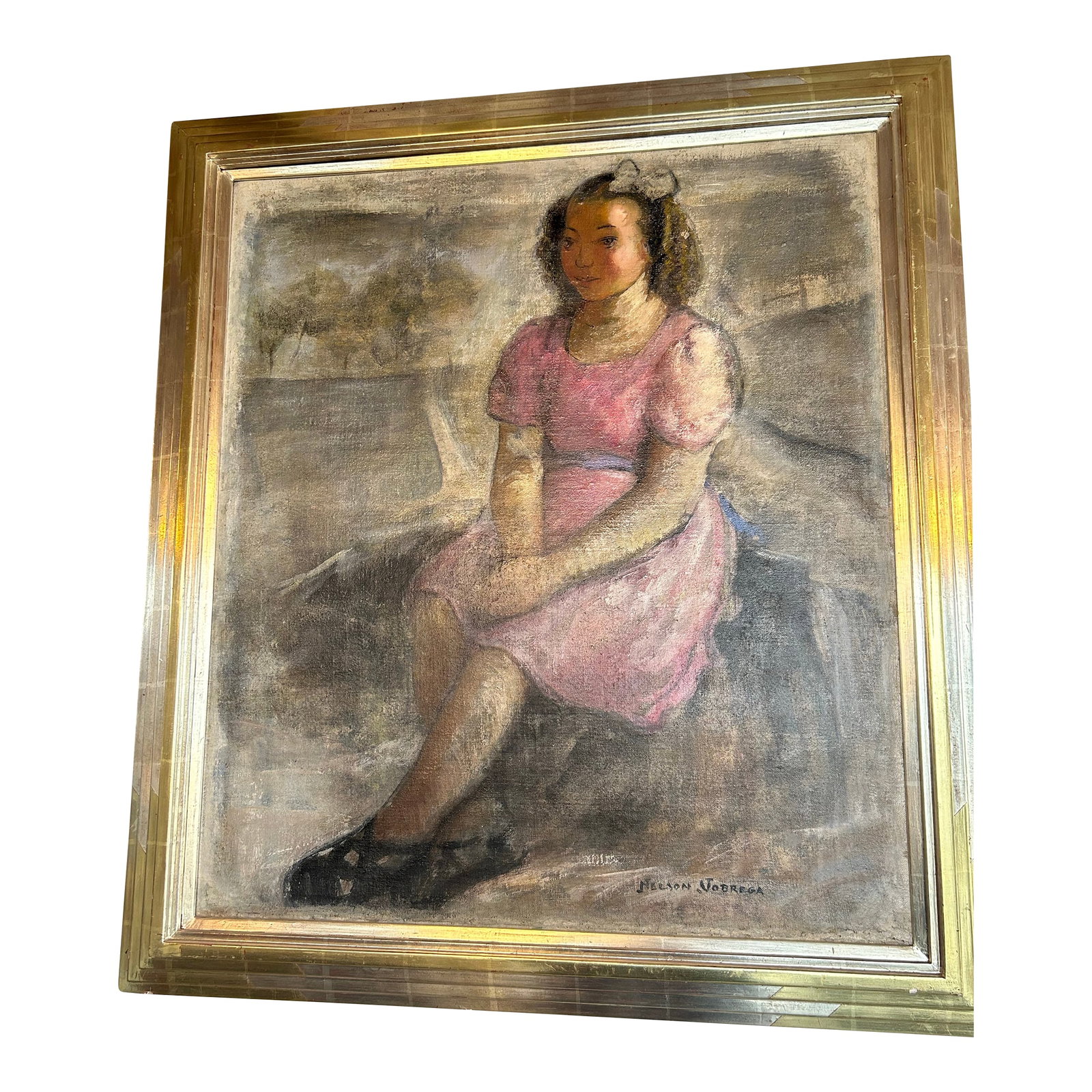 1960s Artwork Oil Painting by Neeson Jobrega, Framed: unique vintage artwork oil painting little girl by her self by neeson Jobrega beautiful piece Condition: Alterations: Original Condition Unaltered Imperfections: Some Imperfections Condition Notes: go