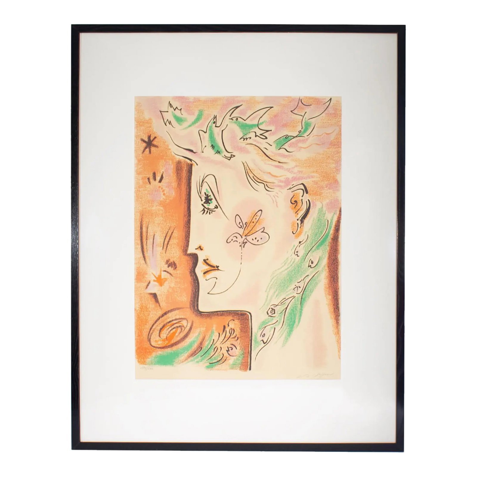 1970 "Surrealist Woman" Lithograph by Andre Masson: A 1970 Surrealist lithograph print by the French Modern artist Andre Masson (1896-1987). Titled Surrealist Woman, this work was printed by Fernand Mourlot, Paris and depicts a woman with birds in her 