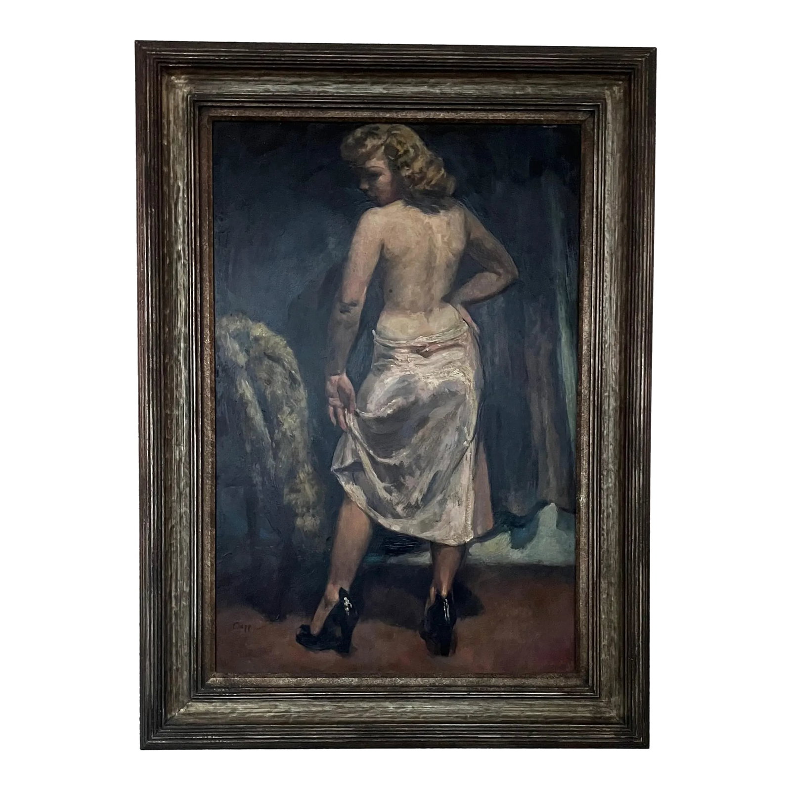 Large Howard Clapp Signed Female Semi-Nude Portrait Oil Painting "Pink Slip" 1945 - 2