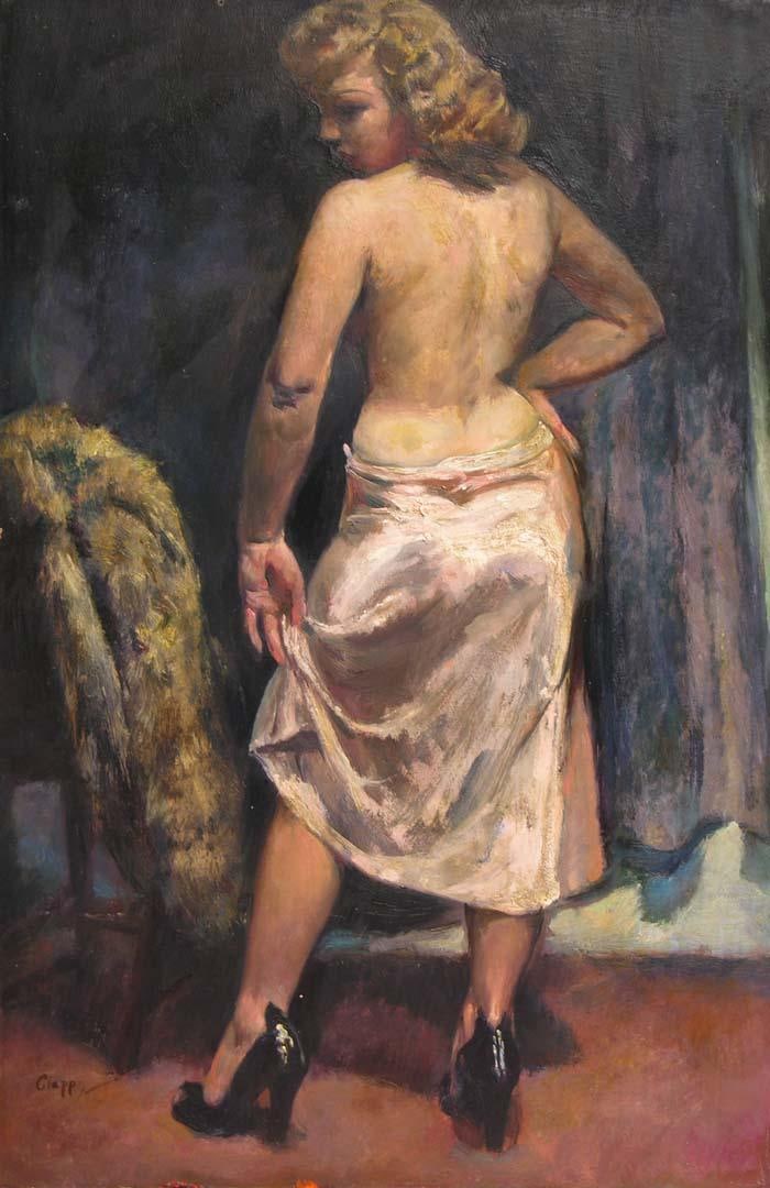 Large Howard Clapp Signed Female Semi-Nude Portrait Oil Painting "Pink Slip" 1945 - 3