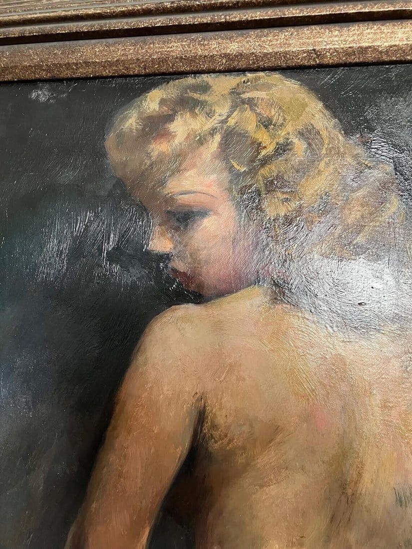 Large Howard Clapp Signed Female Semi-Nude Portrait Oil Painting "Pink Slip" 1945 - 5
