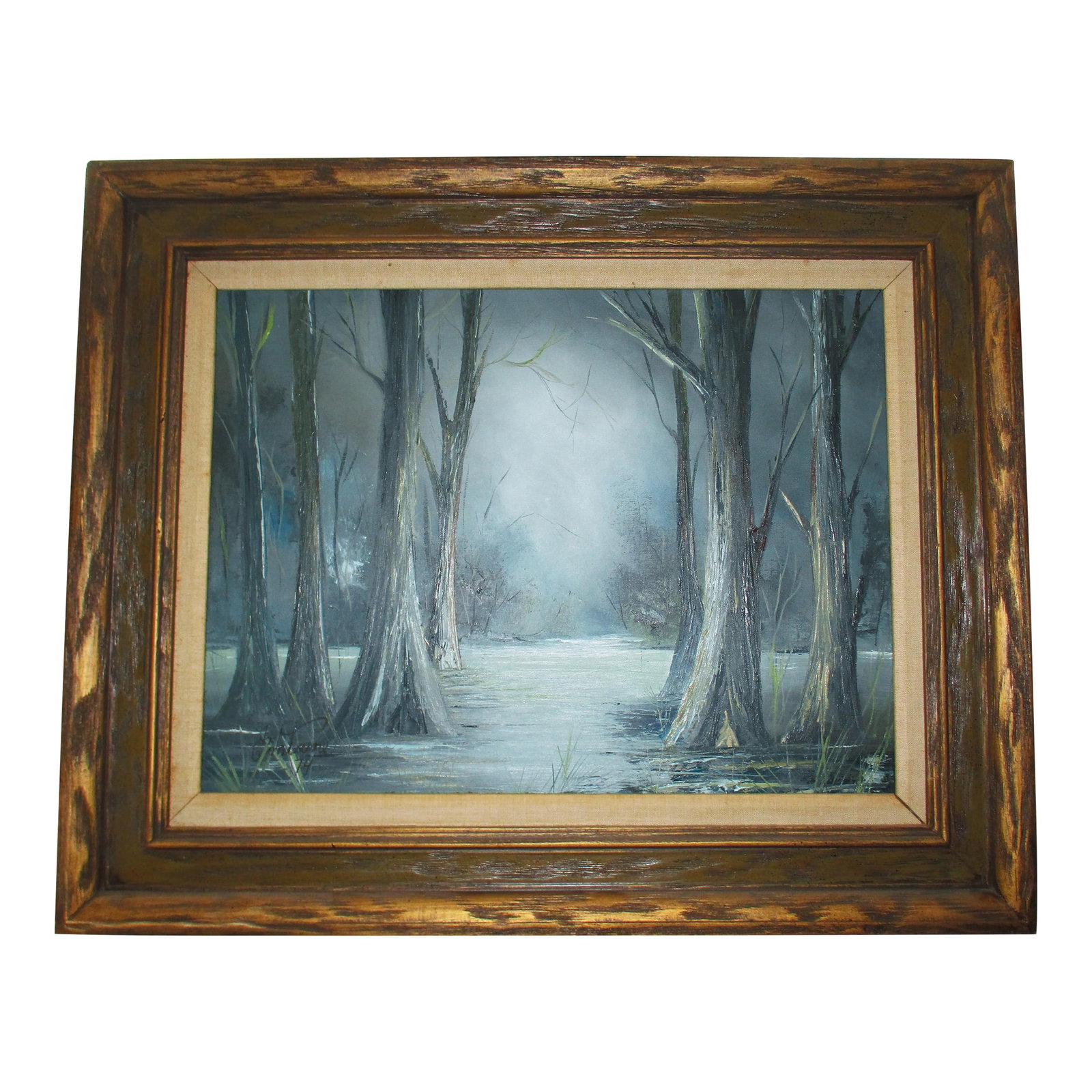 Mid Century Modern Original Oil Painting by New Orleans Artist Stan Fontaine of the Buyou: This is a Gorgeous! Original Oil Painting on Canvas by the late Stan Fontaine (1938-2021) of the Buyou at Night. The Painting has Rich Details and captures a Serene picture in Smokey Charcoal and