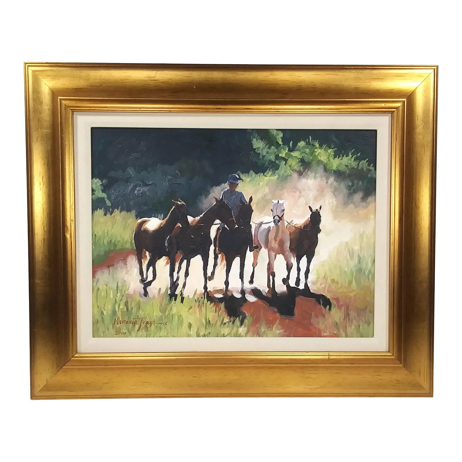 Oil Painting Five Horses by Virginia k.c. Peake Noted Ct Artist 2001 Framed: Painted in 2001 by respected Connecticut artist Virginia "K.C." Peake (1947-2014), this oil painting features five horses, one with a rider leading the other four, walking toward the viewer, backlit