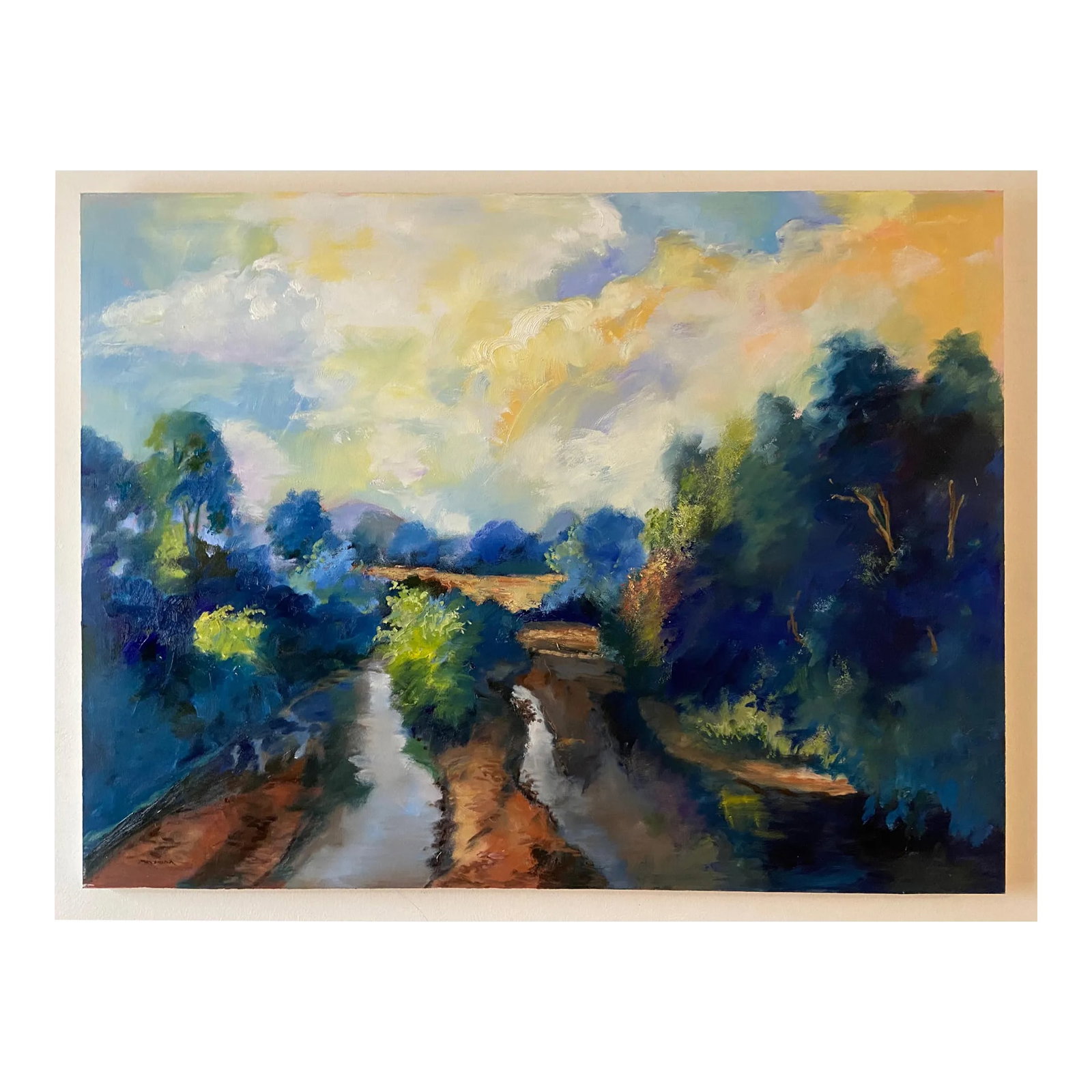 Landscape as Abstract a View of the Little Indian Creek Oil Painting by Marina Movshina: Blue Water and a blue sky, that is the theme of this arial view of the Little Indian Creek taken from the bridge. Okay not really arial, I was just on the bridge.:) The water reflecting the sky was
