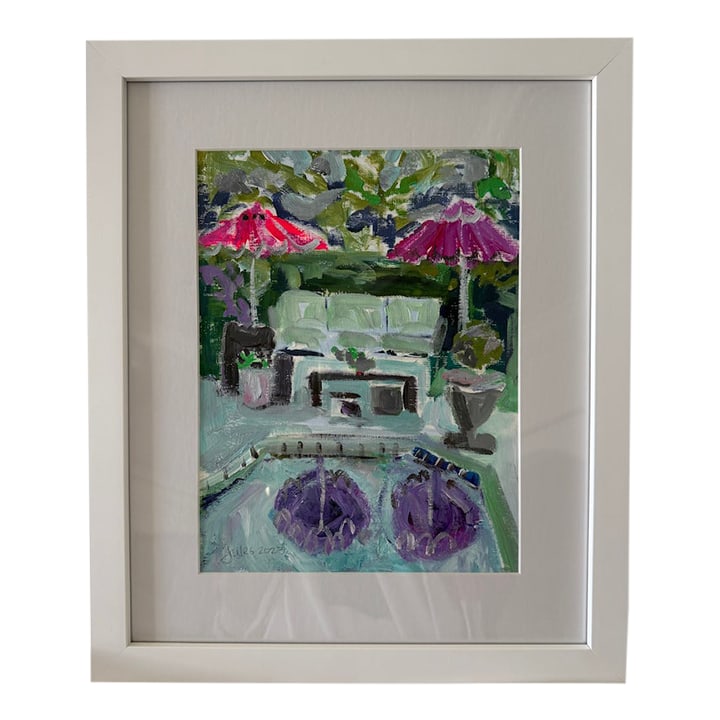 Poolside Painting Acrylic on Paper , Framed: Idyllic Palm Beach garden scene behind home at the pool's edge, shaded by bright umbrellas. This one will take your breath away. It conveys tranquility and happiness. Abstract, lose brush strokes.