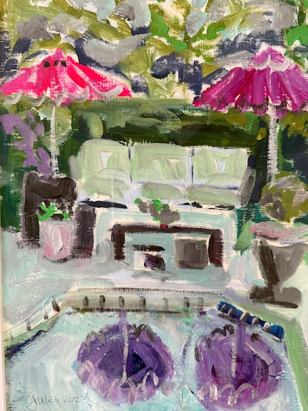 Poolside Painting Acrylic on Paper , Framed - 2