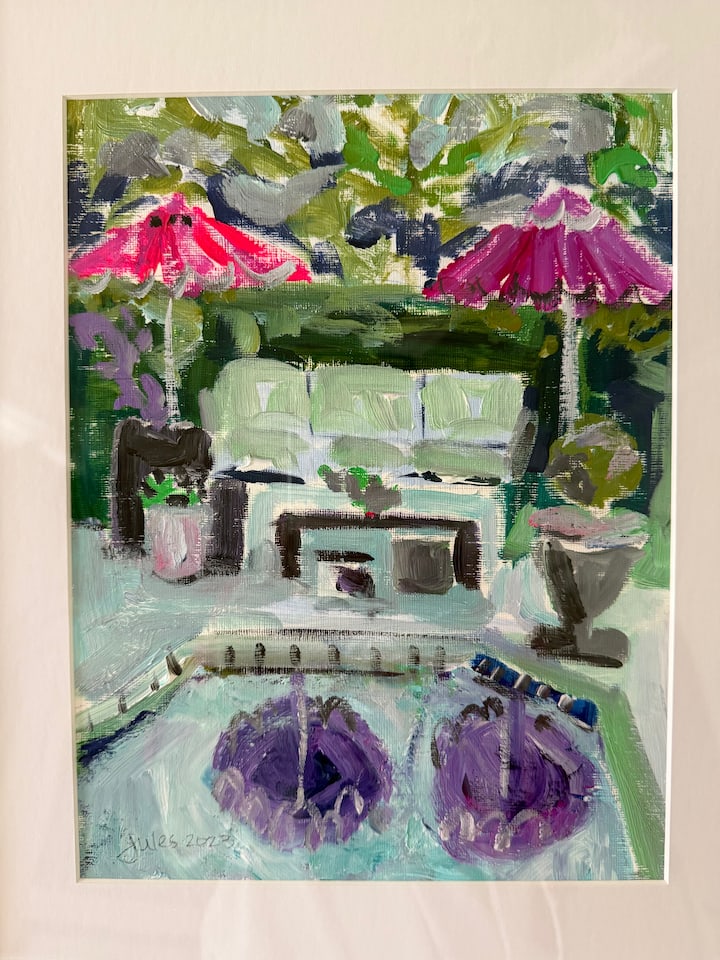 Poolside Painting Acrylic on Paper , Framed - 3