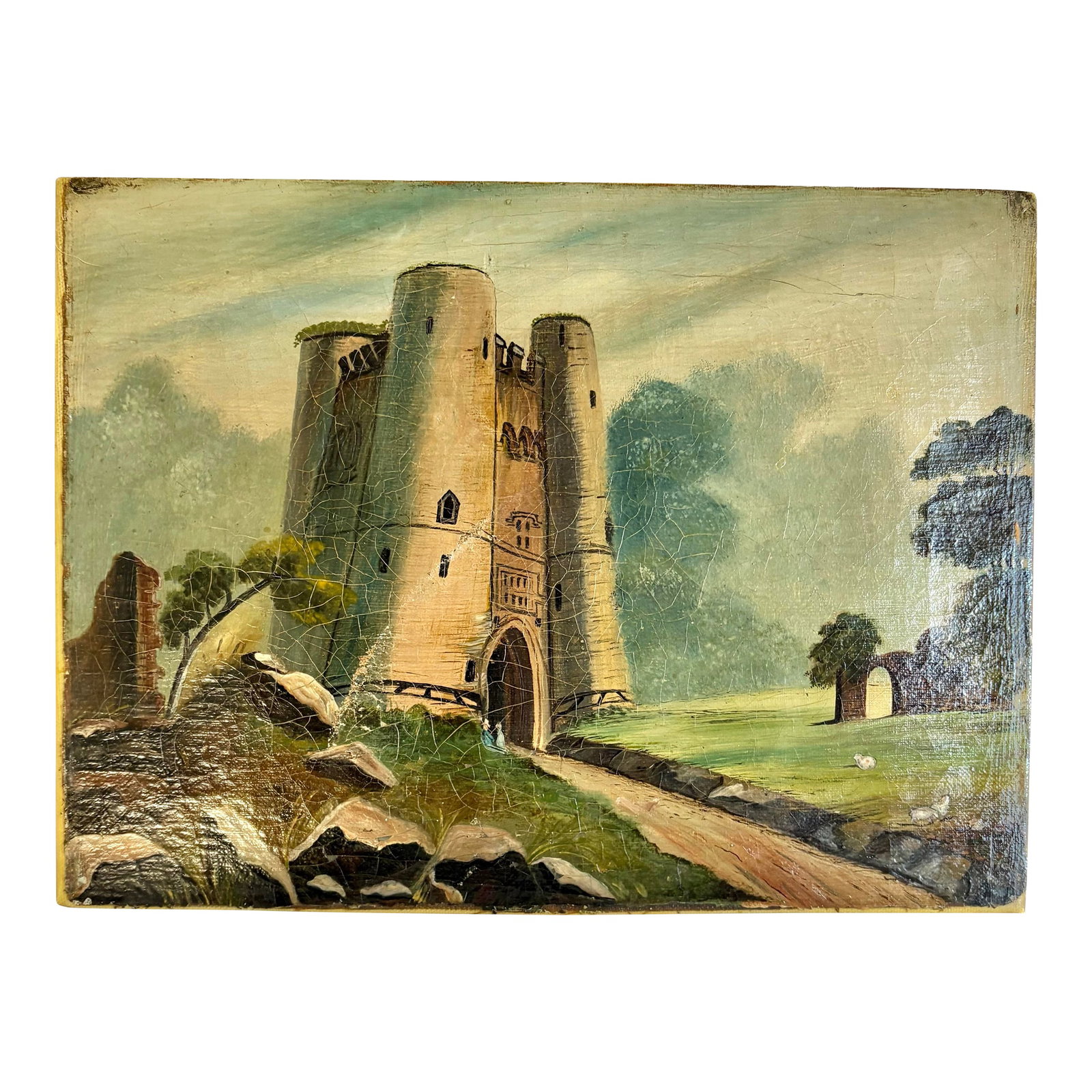 Early 20th Century French Castle Art Oil on Canvas: Found in the South of France, this Early 20th Century Castle Art was hand painted on canvas in the early 1900's. The piece features a castle scene in the country side surrounded by rocks and lush
