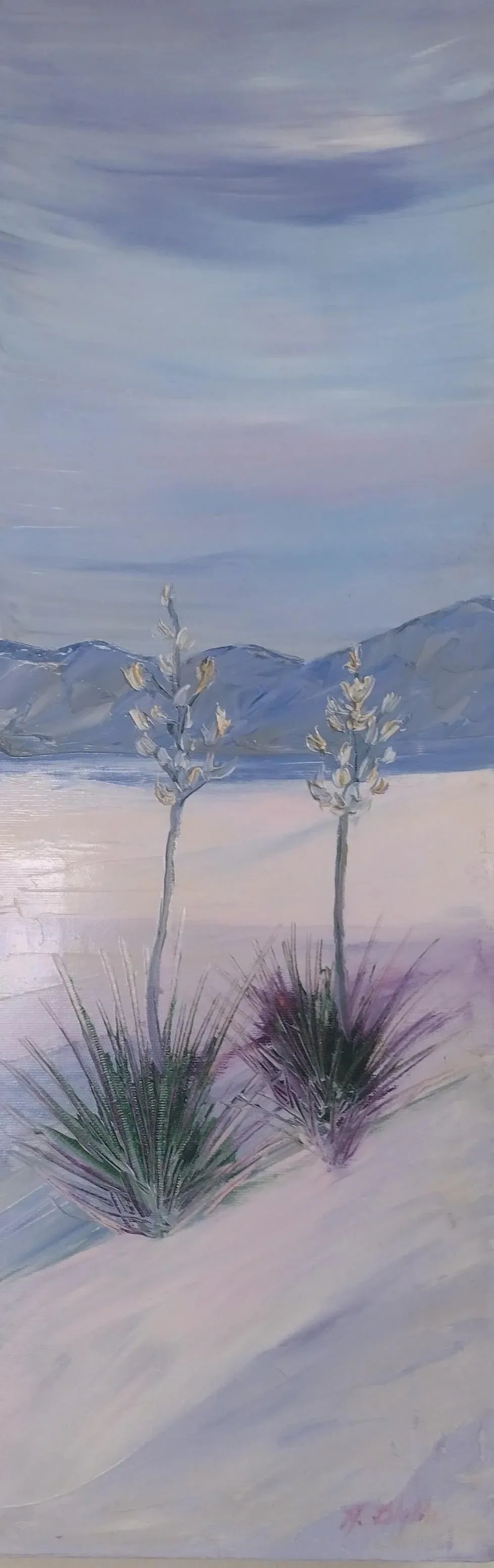1990s "White Sands Yucca" by Anita Blythe Original Palette Knife Oil Painting: "White Sands Yucca" by Anita Blythe - Original Palette Knife Oil Painting Bring the soft stillness of the desert to your collection with "White Sands Yucca", an original oil painting by New Mexico