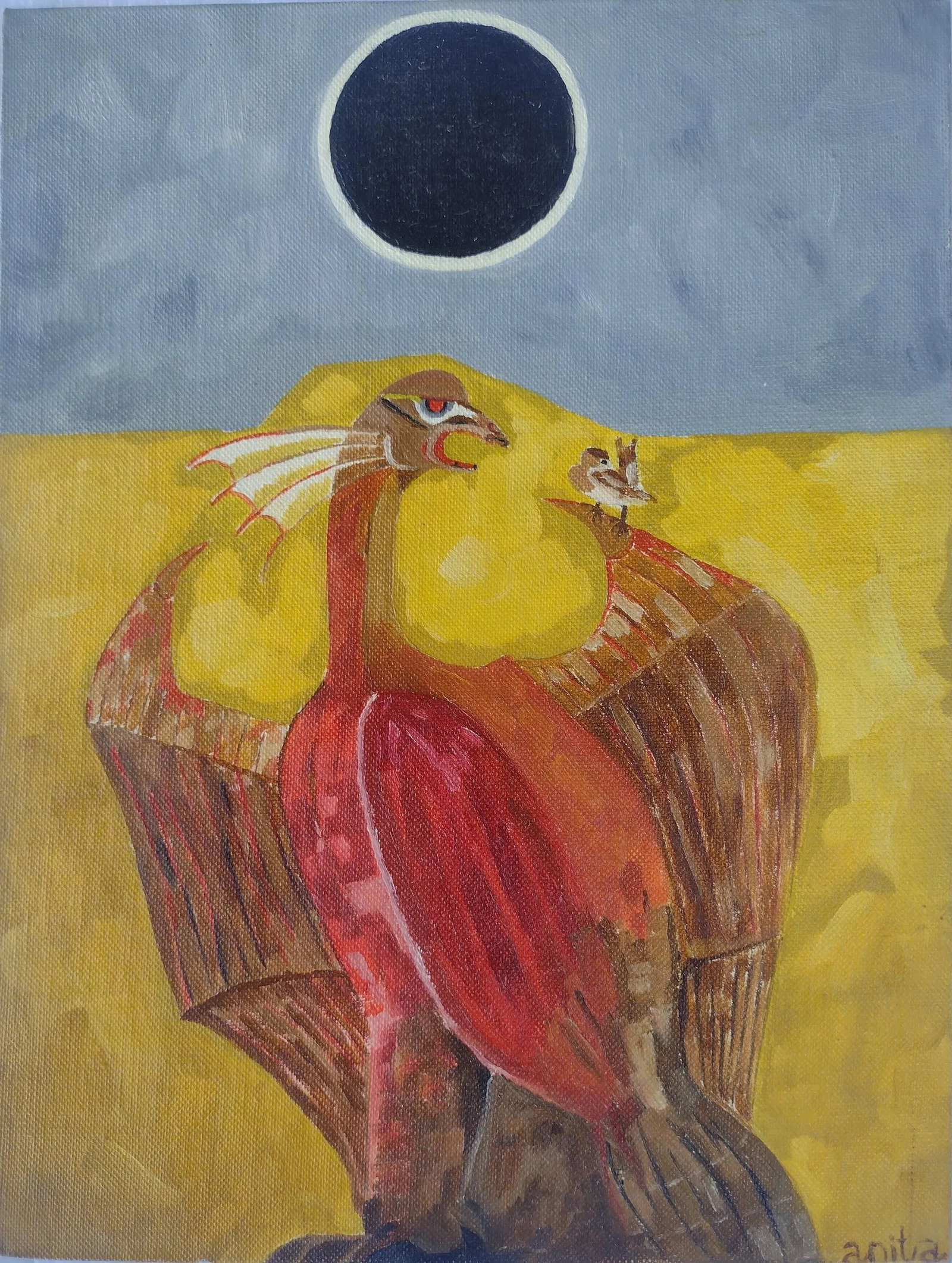 "Spreening Sparrow" (After Morris Graves) Original Oil by Anita Blythe 8 X 10: Anita Blythe's Spreening Sparrow is a striking early 1970s homage to American visionary artist Morris Graves, a founder of the Northwest School. Rendered in rich, earthy hues and expressive